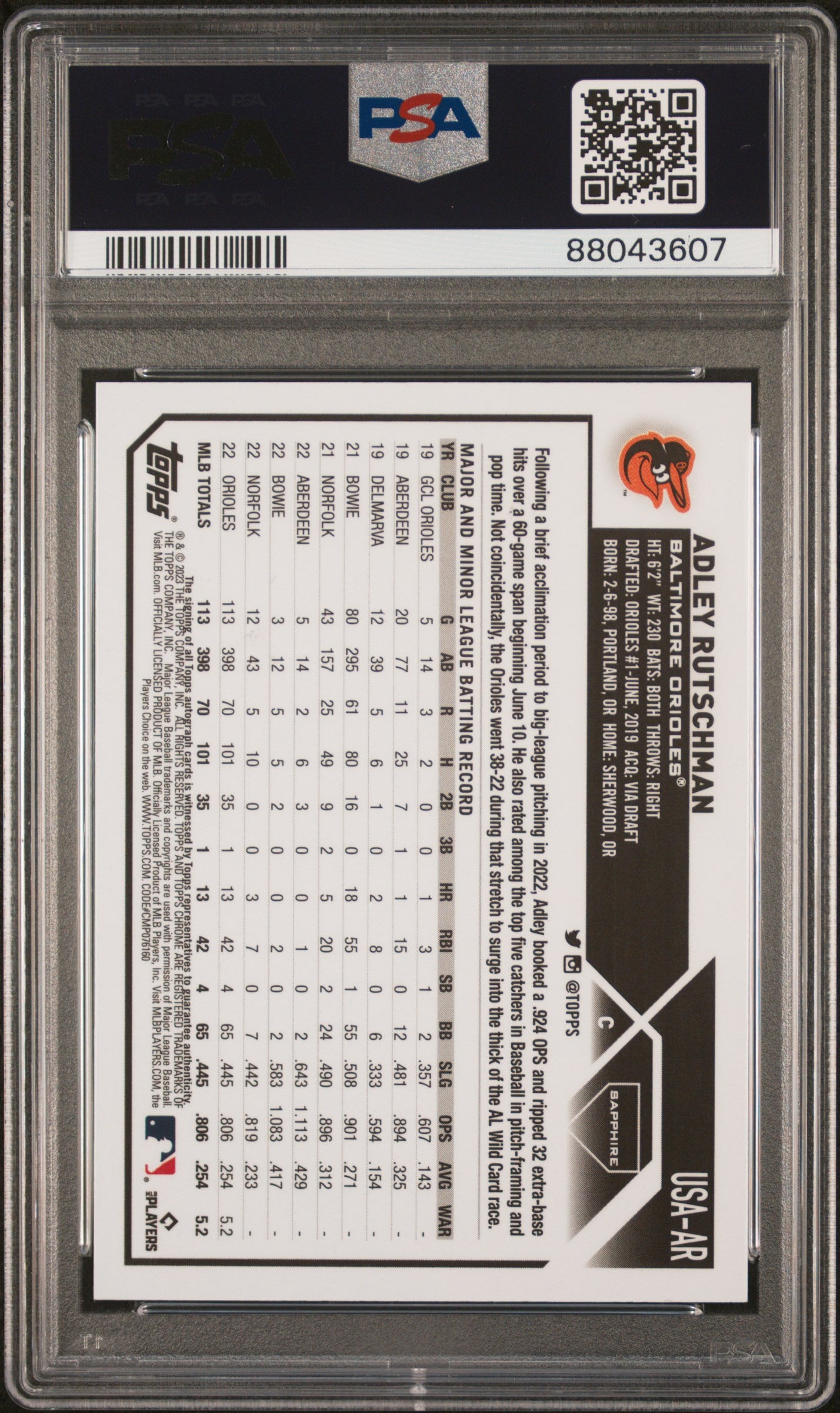 Adley Rutschman 2023 Topps Chrome Update Sapphire Gold Refractor Auto #42/50 PSA 10 Auto 10