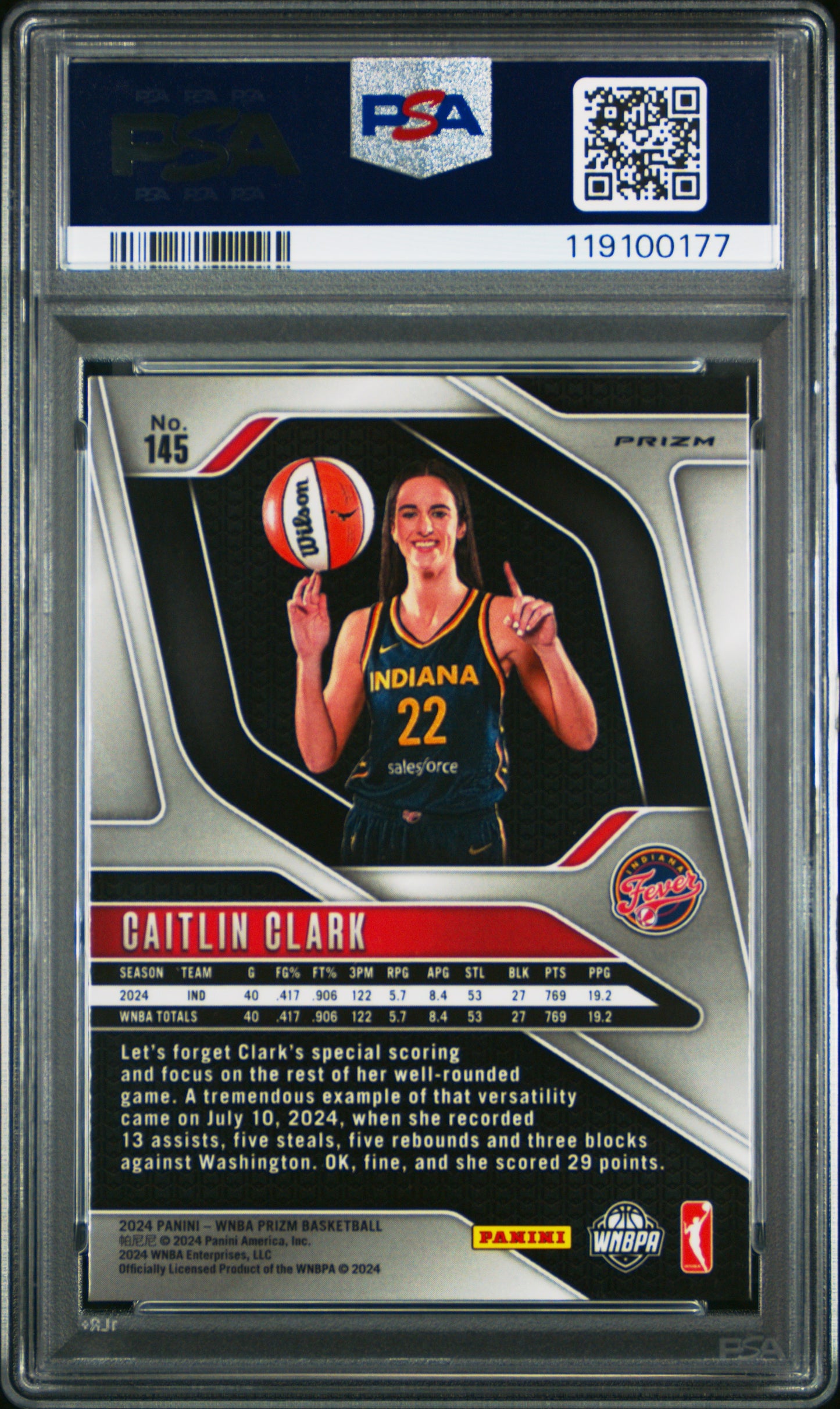 Caitlin Clark 2024 Panini Prizm WNBA #145 Blue Velocity Rookie PSA 9 Mint