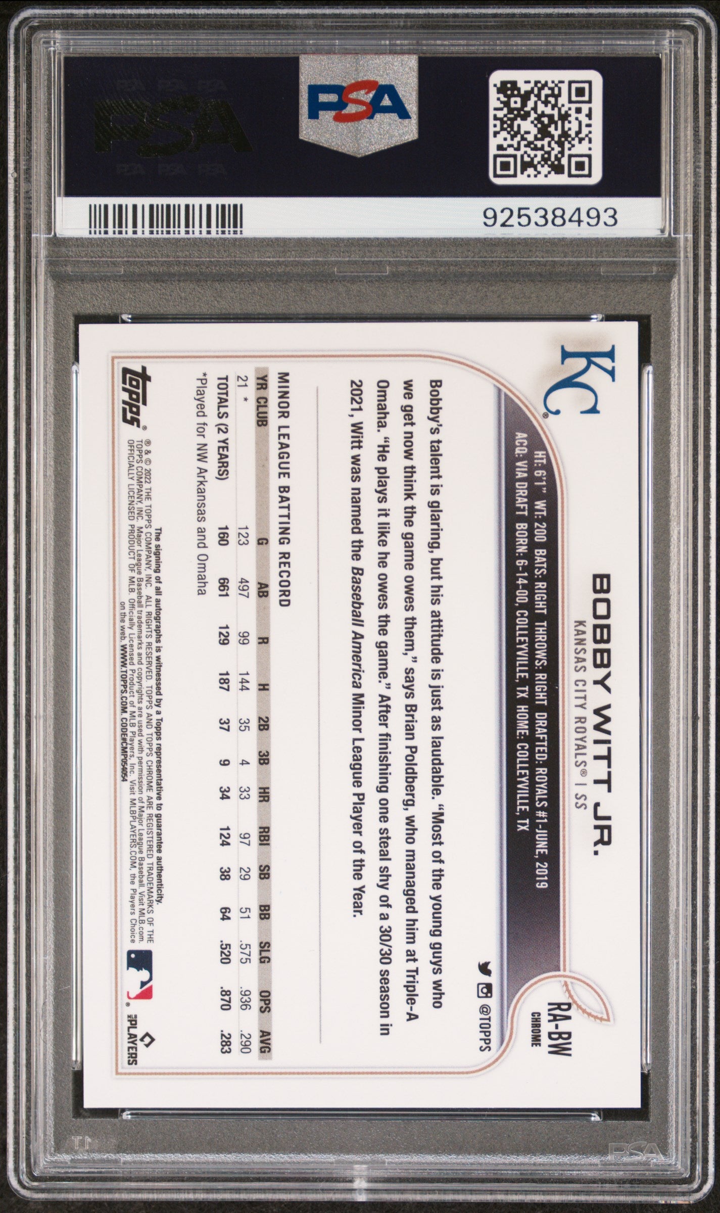 Bobby Witt Jr. 2022 Topps Chrome Rookie Auto PSA 9 Auto 10