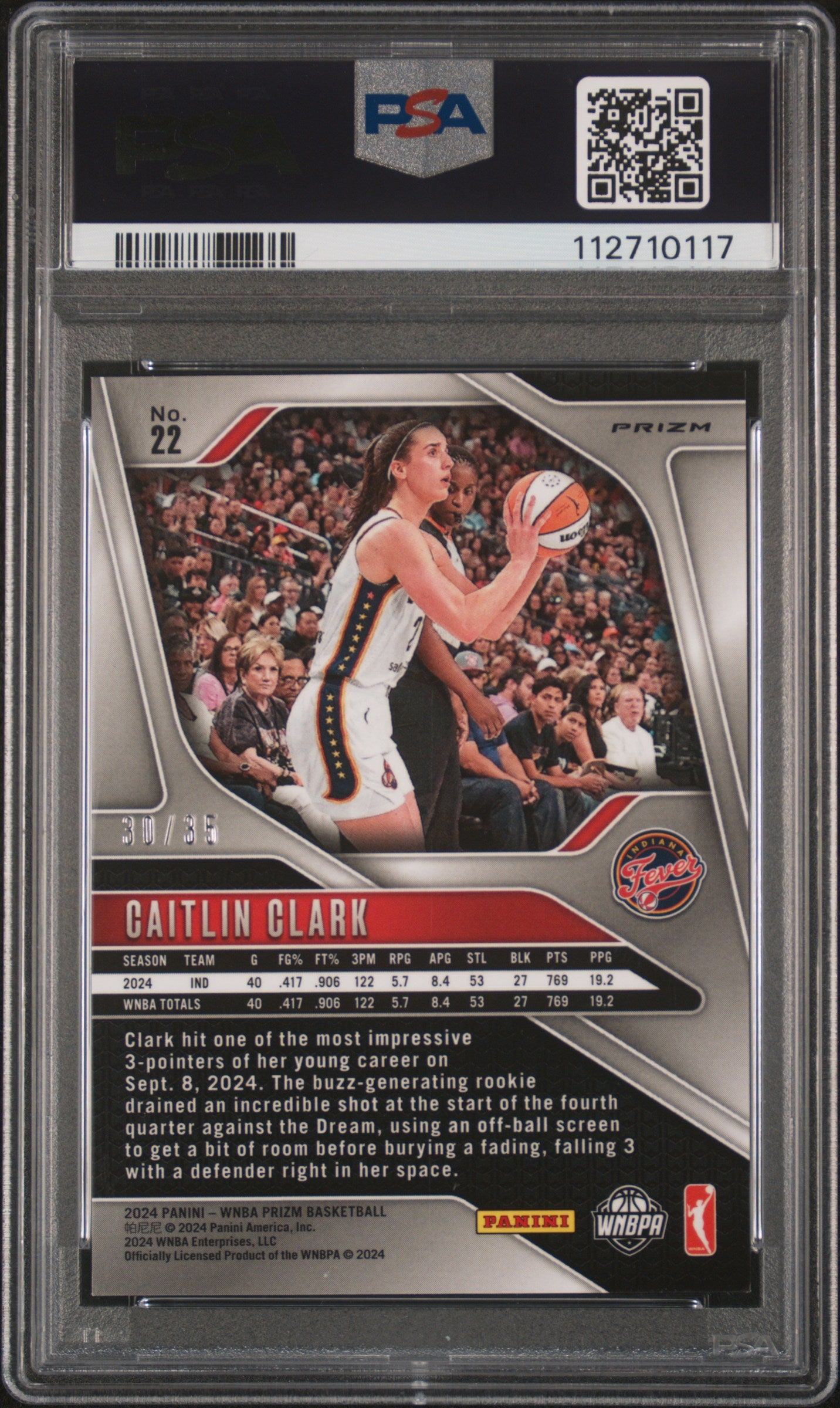 Caitlin Clark 2024 Panini Prizm WNBA White Ice #30/35 PSA 9 Mint