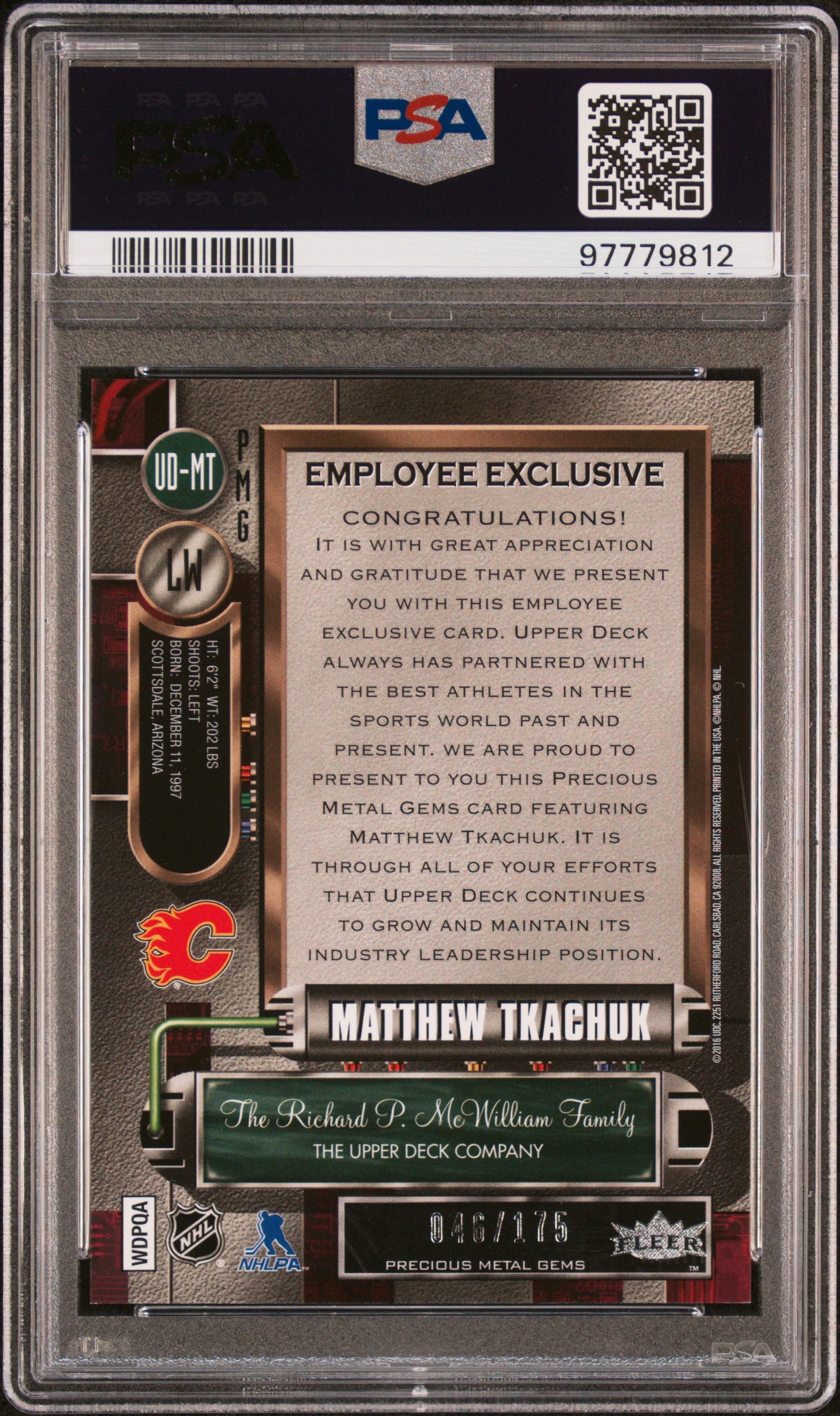Matthew Tkachuk 2016 Upper Deck Employee Precious Metal Gems Purple #46/175 PSA 8 Nm-Mint