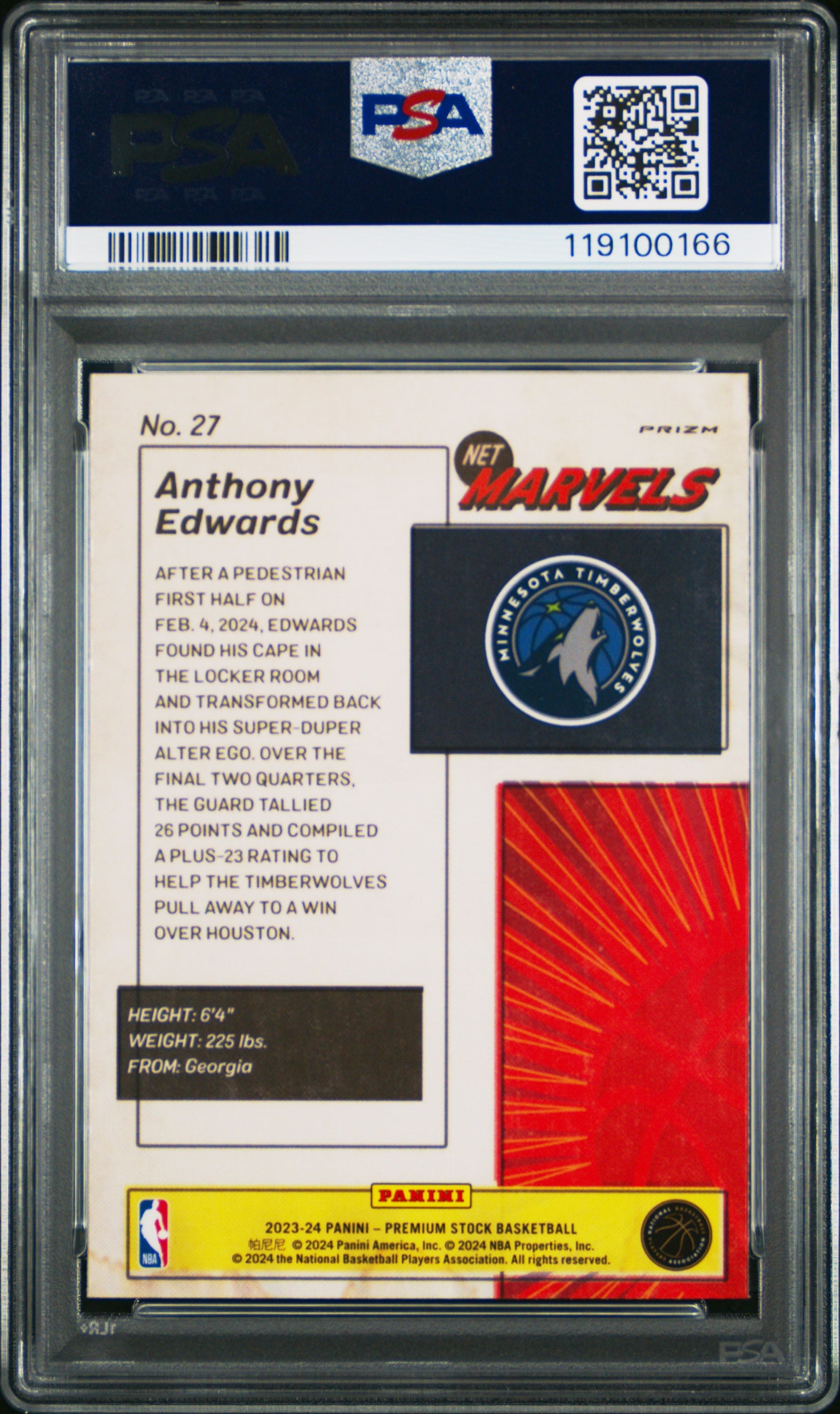 Anthony Edwards 2023 Hoops Premoium Stock Retro Net Marvels PSA 10 Gem Mint