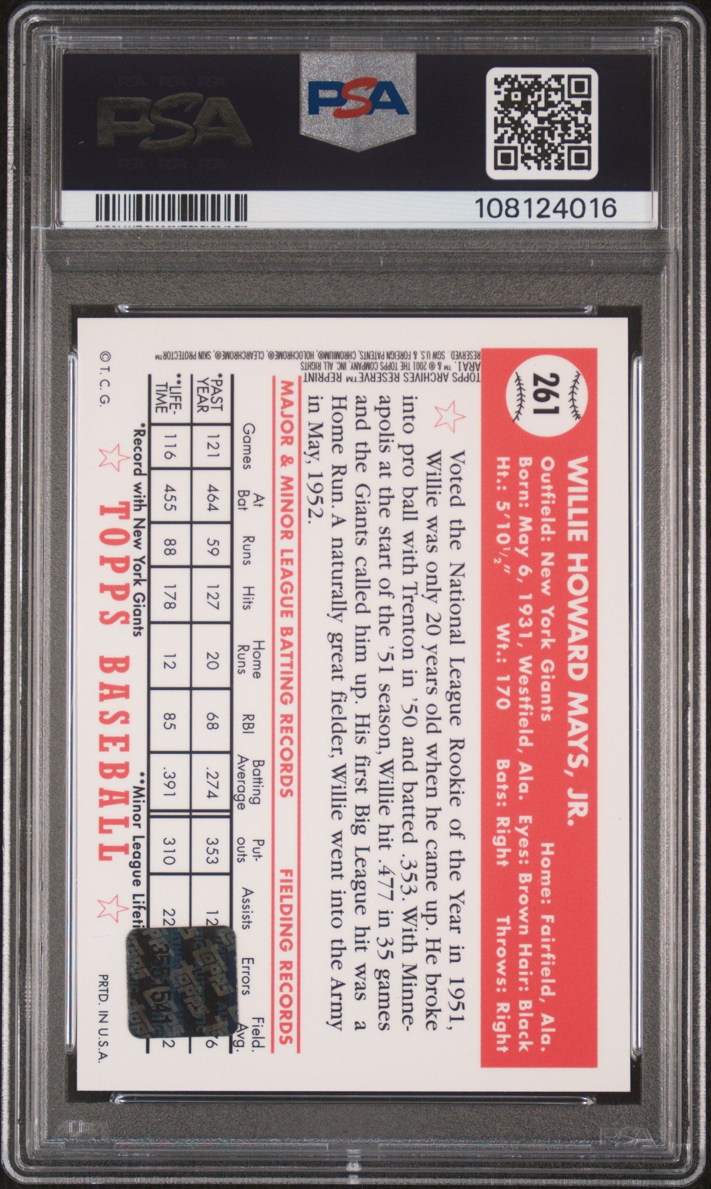 Willie Mays 2001 Topps Archives Reserve Reprint Autograph PSA 8 Nm-Mint