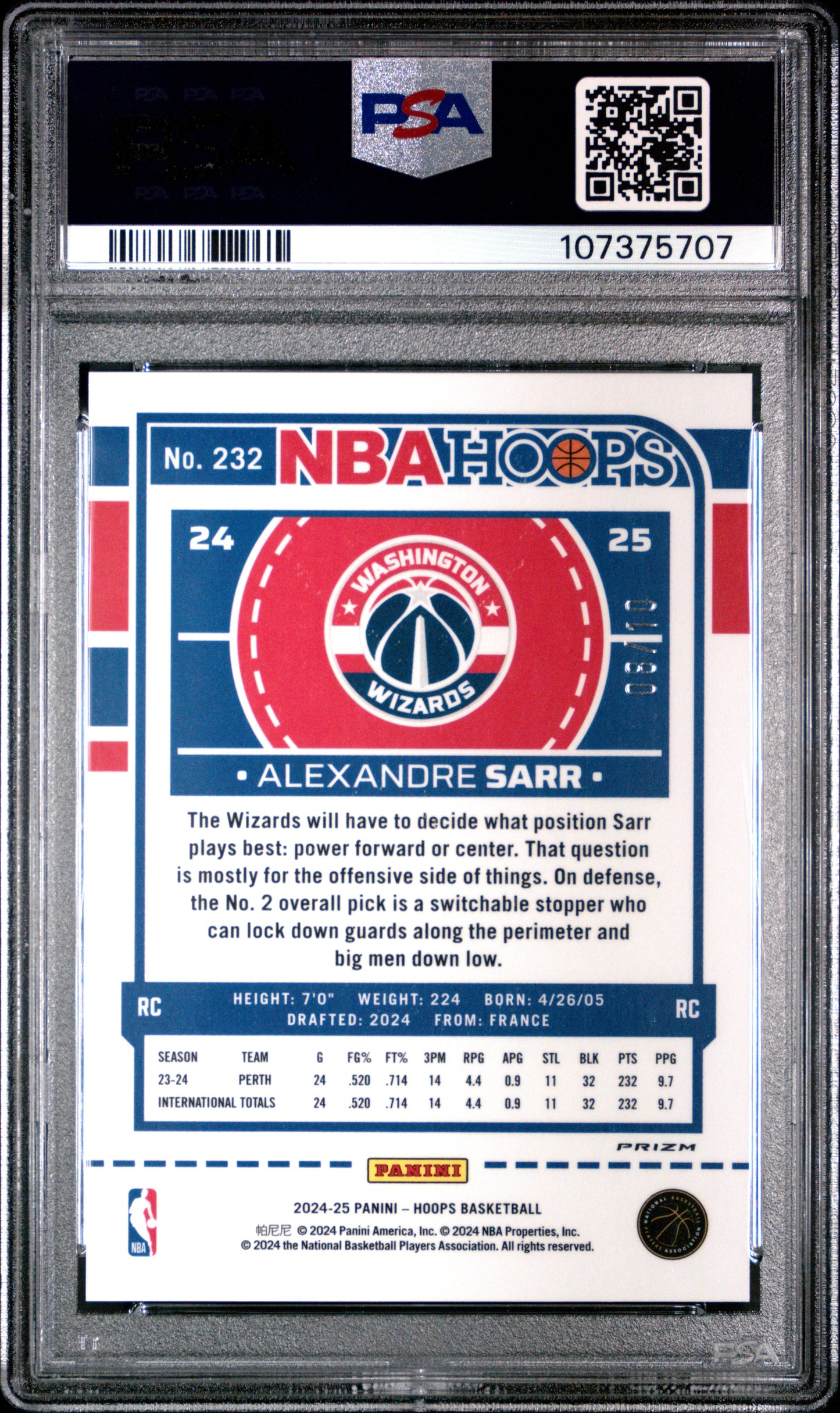 Alexandre Sarr 2024 Hoops PRemium Prizms Gold #8/10 PSA 10 Gem Mint