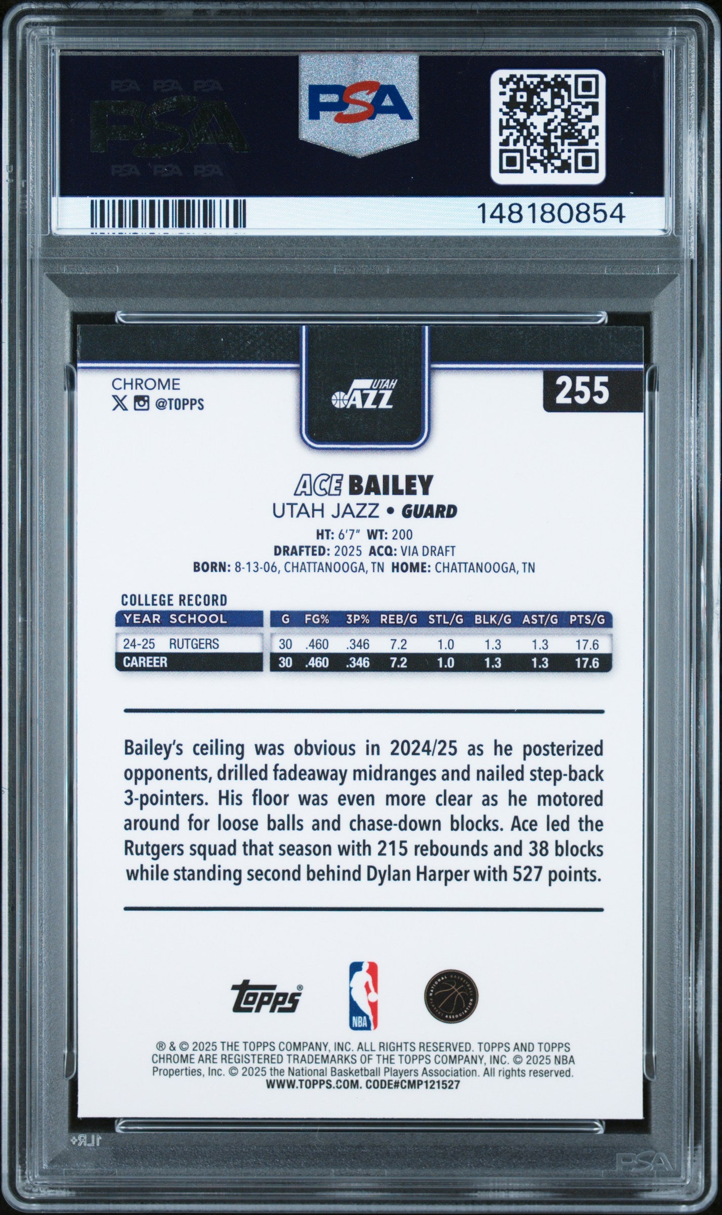 Ace Bailey 2025 Topps Chrome Rookie #255 Red White Blue Refractor PSA 10 Gem Mint