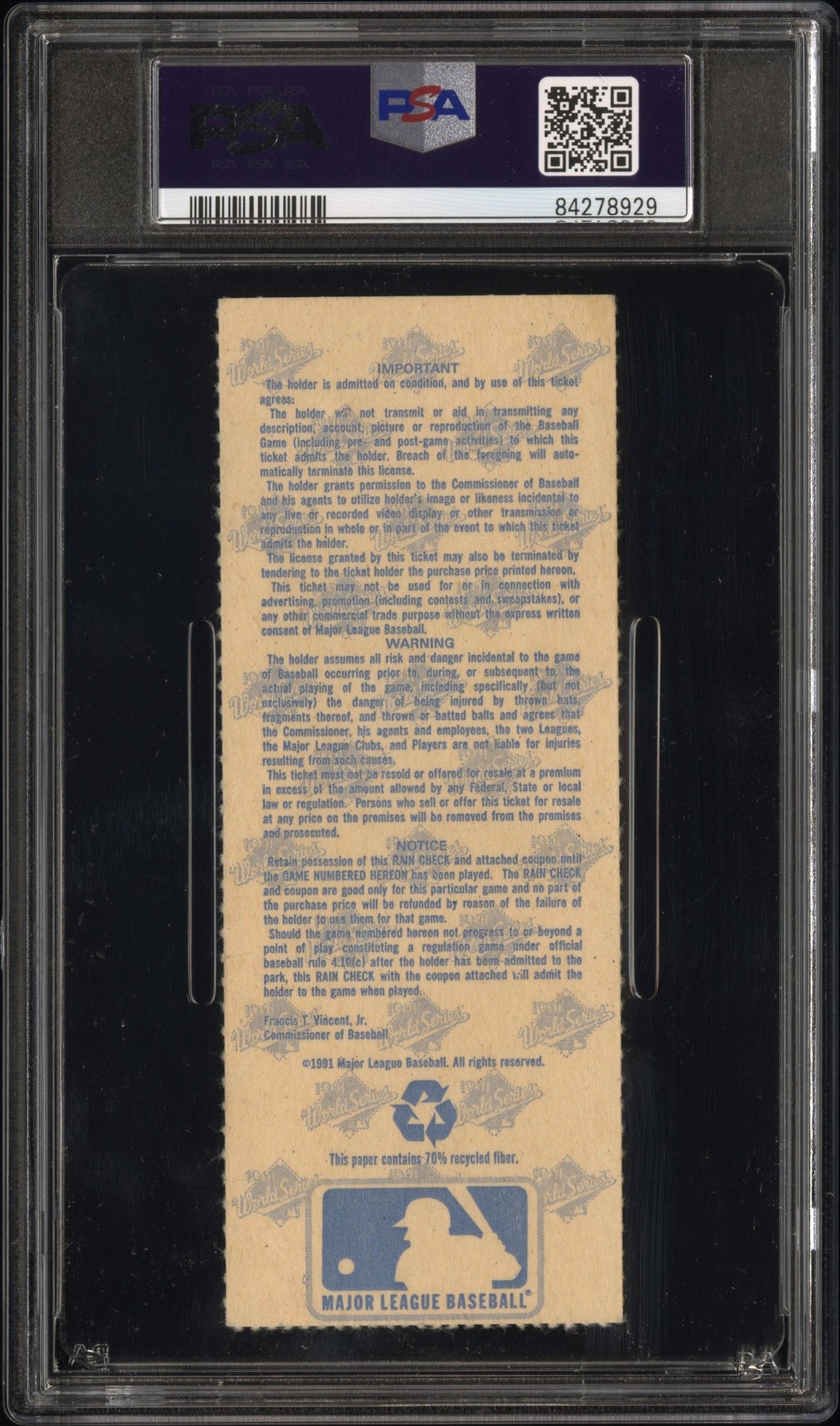 1991 World Series Game 2 Ticket Stub PSA 2 Good
