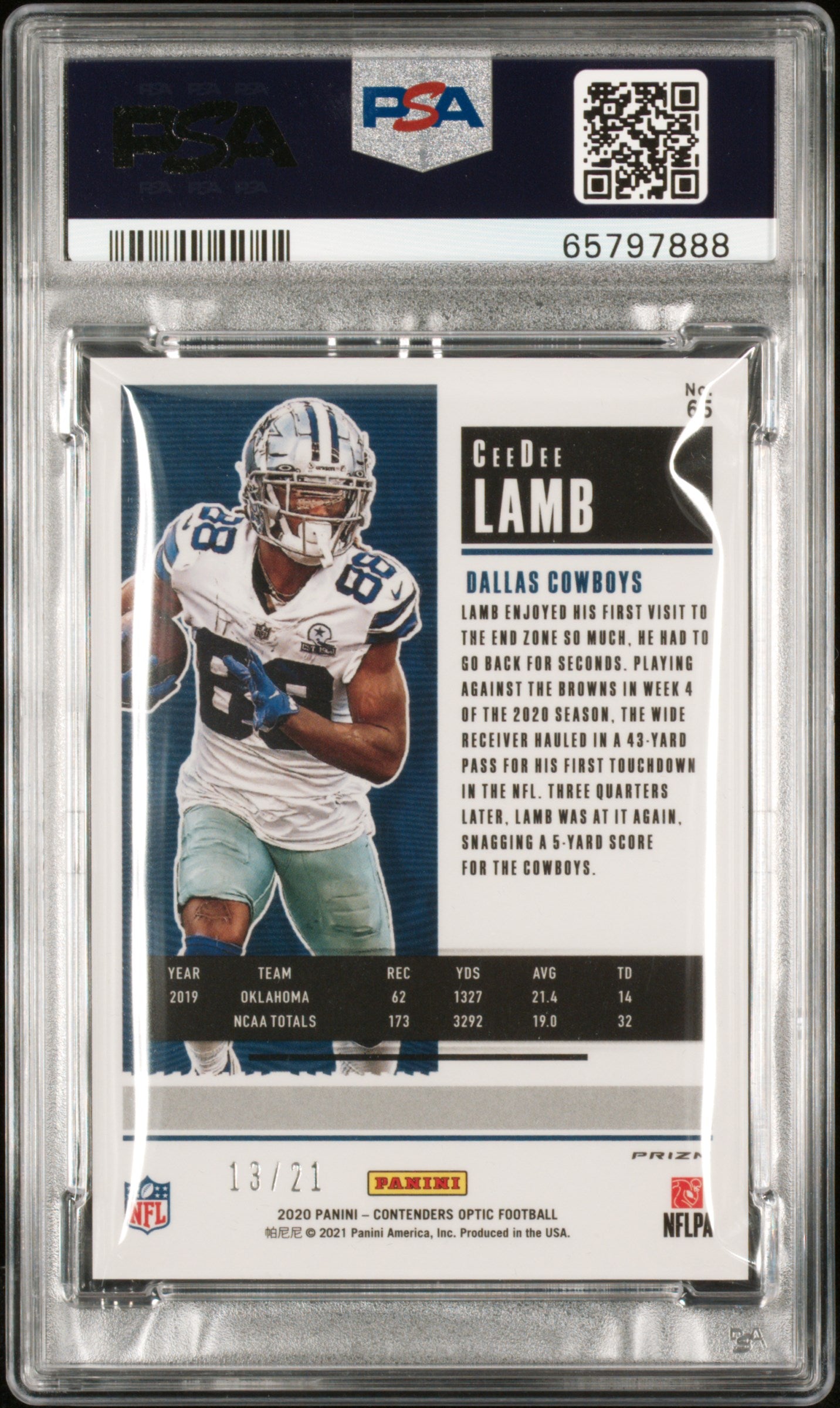 Ceedee Lamb 2020 Panini Contenders Optic Purple Pulsar Rookie #13/21 PSA 10 Gem Mint