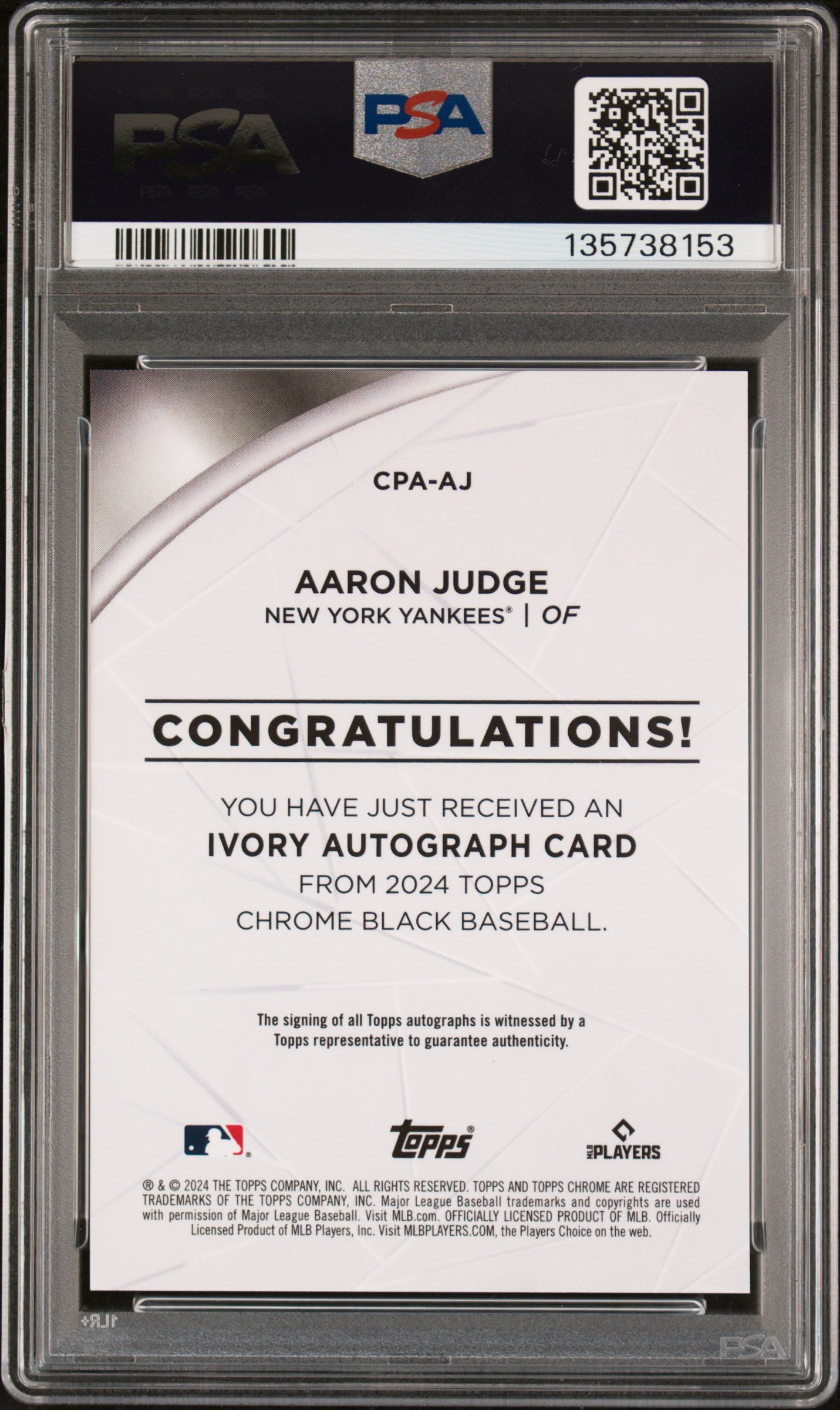 Aaron Judge 2024 Topps Chrome Black Ivory Autograph #3/75 PSA 9 Mint