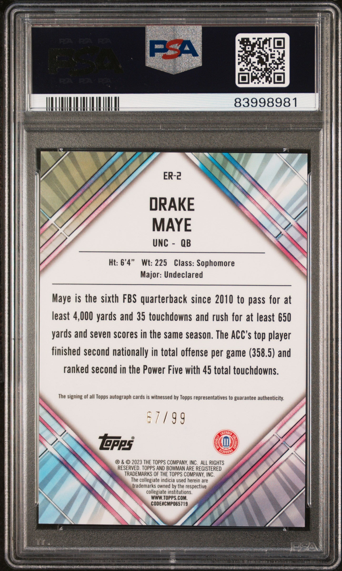 Drake Maye 2023 Bowman Chrome University Early Risers Auto #67/99 PSA 10 Gem Mint