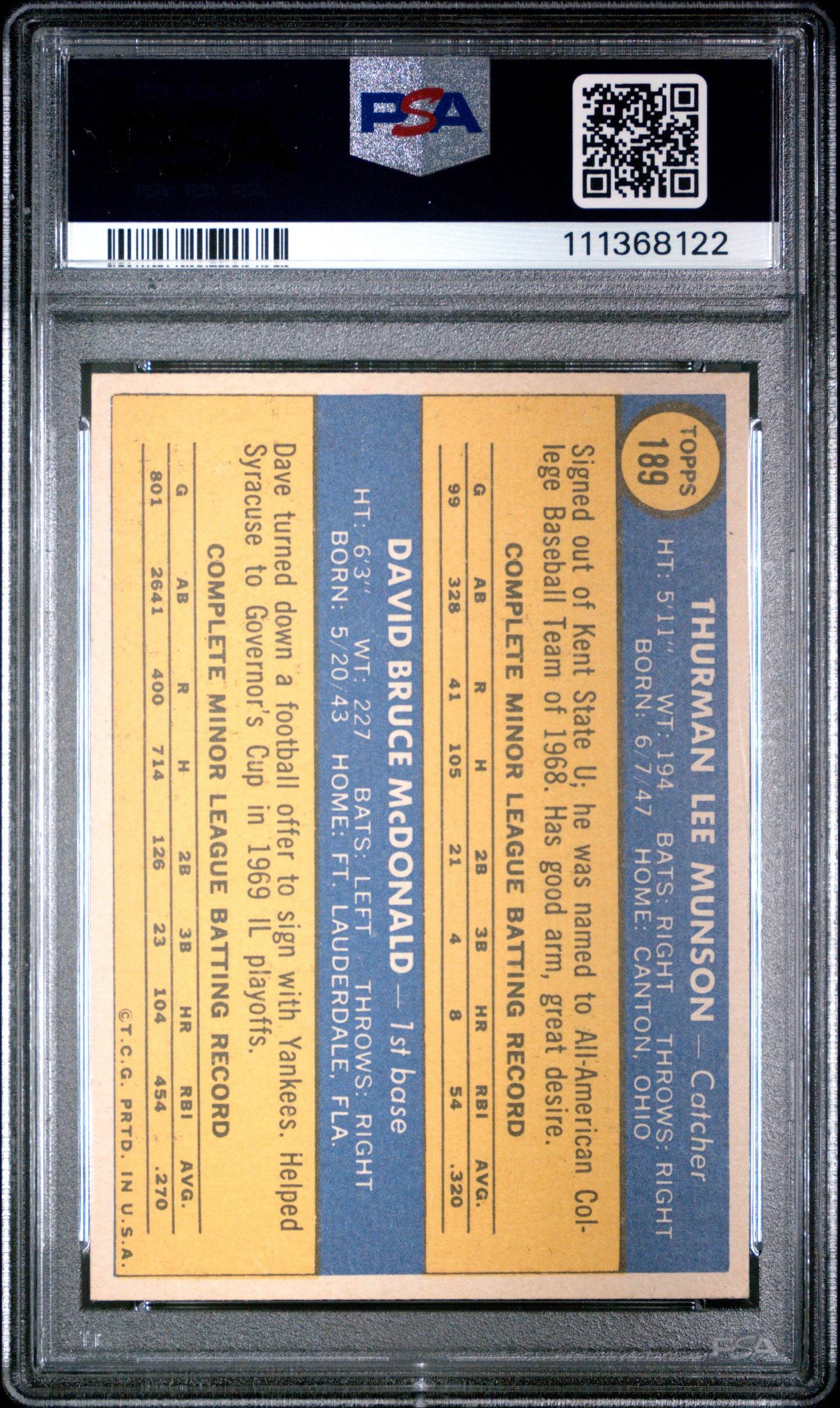 Thurman Munson 1970 Topps Rookie #189 PSA 6 Ex-Mt