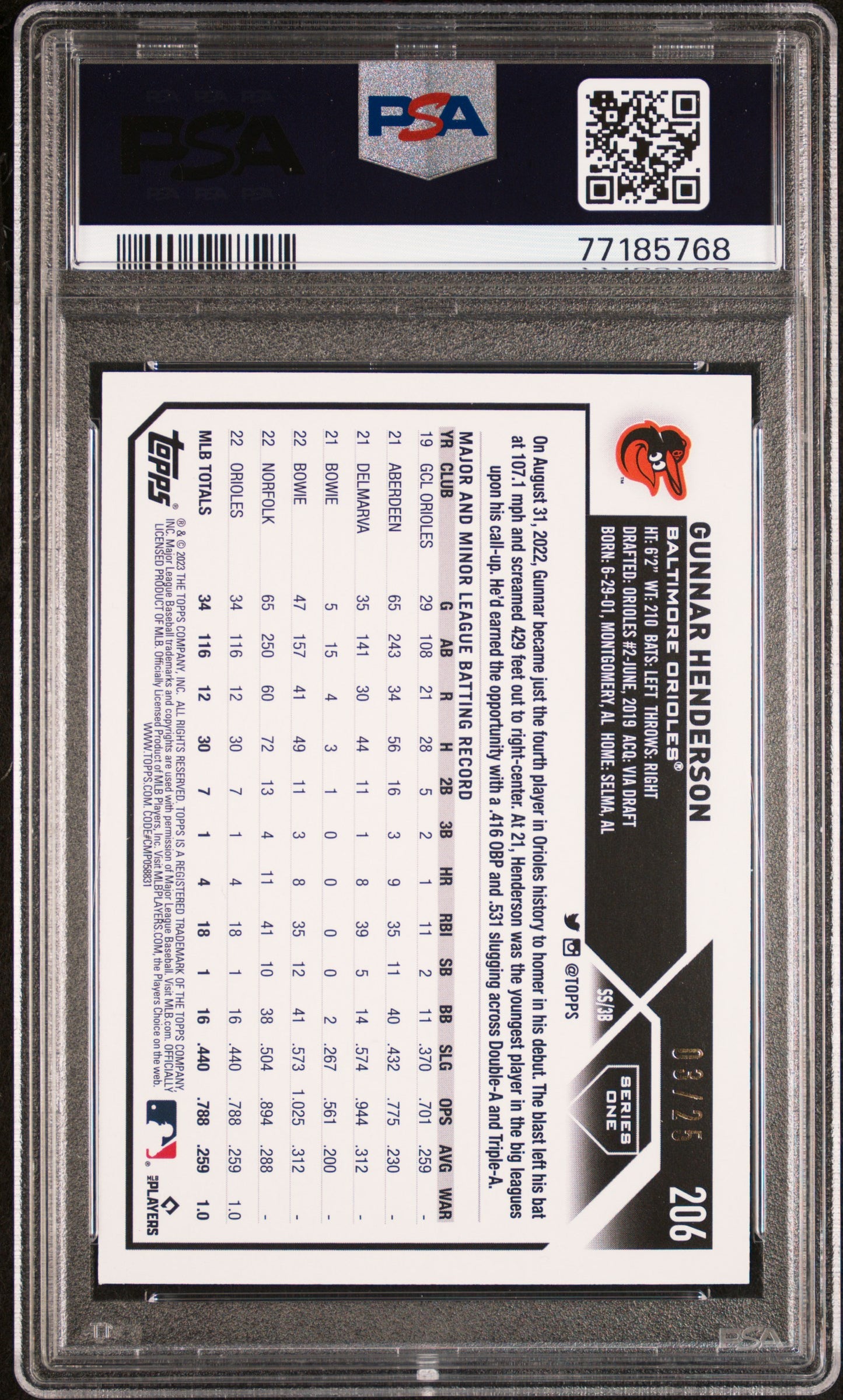 Gunnar Henderson 2023 Topps 1st Edition Black Foil #3/25 PSA 9 Mint