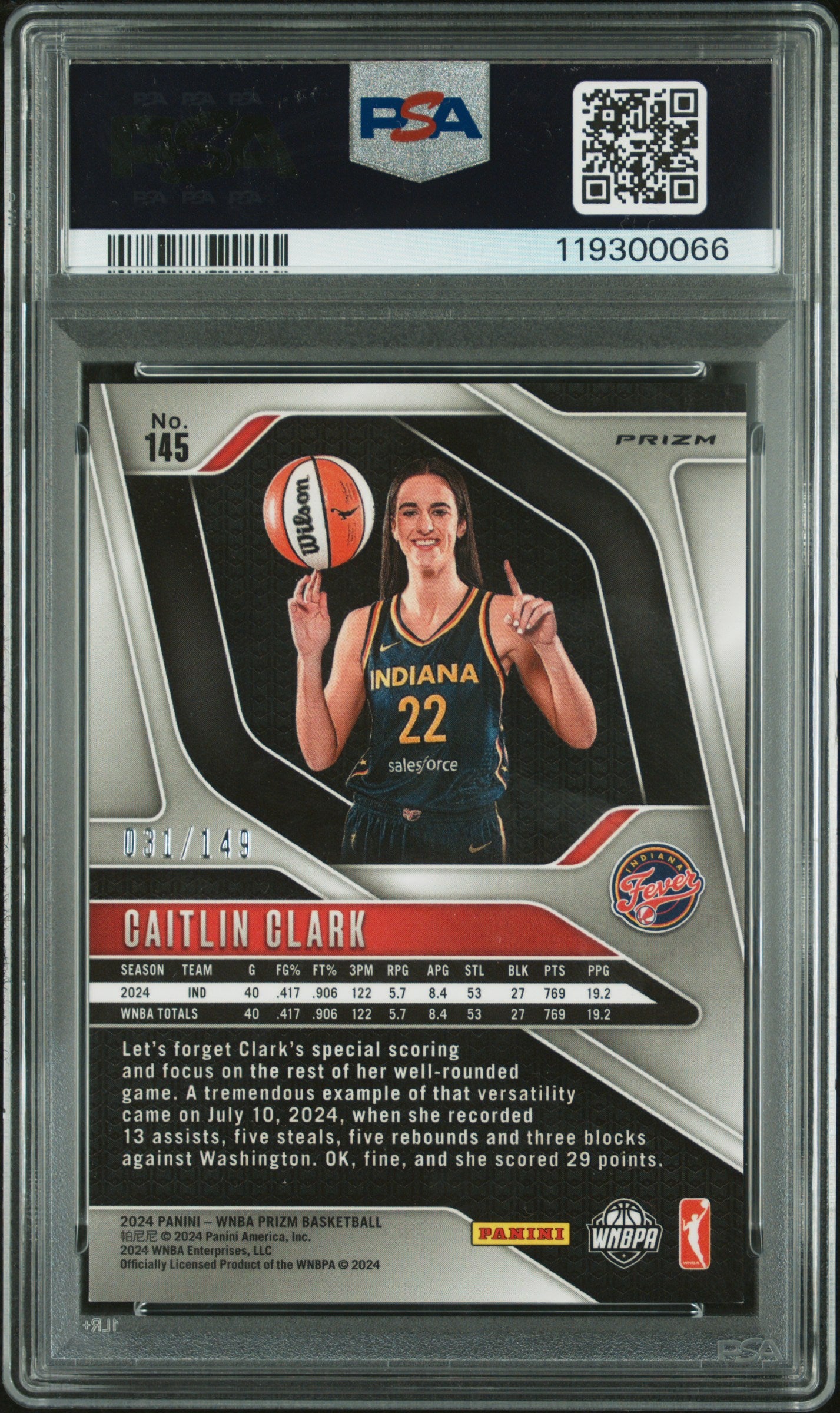Caitlin Clark 2024 Panini Prizm Rookie #145 Purple Prizm #31/149 PSA 10 Gem Mint