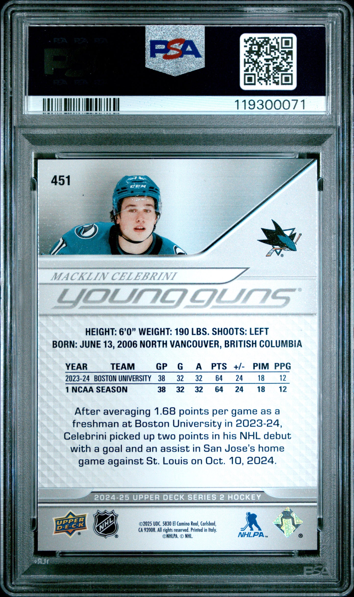 Macklin Celebrini 2024 Upper Deck Rookie #451 PSA 9 Mint 0071
