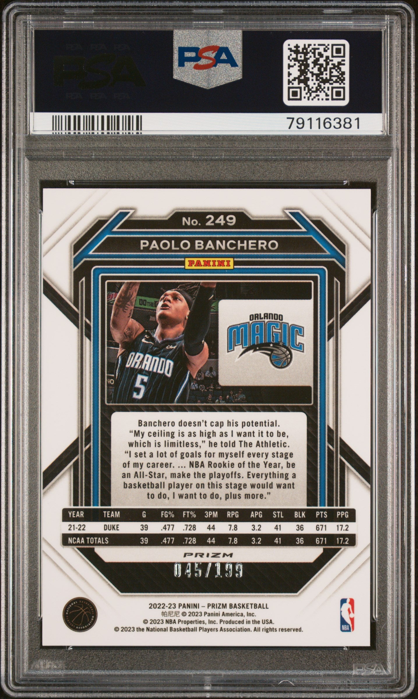 Paolo Banchero 2022 Panini Prizm Rookie #249 Blue Prizm #45/100 PSA 10 Gem Mint