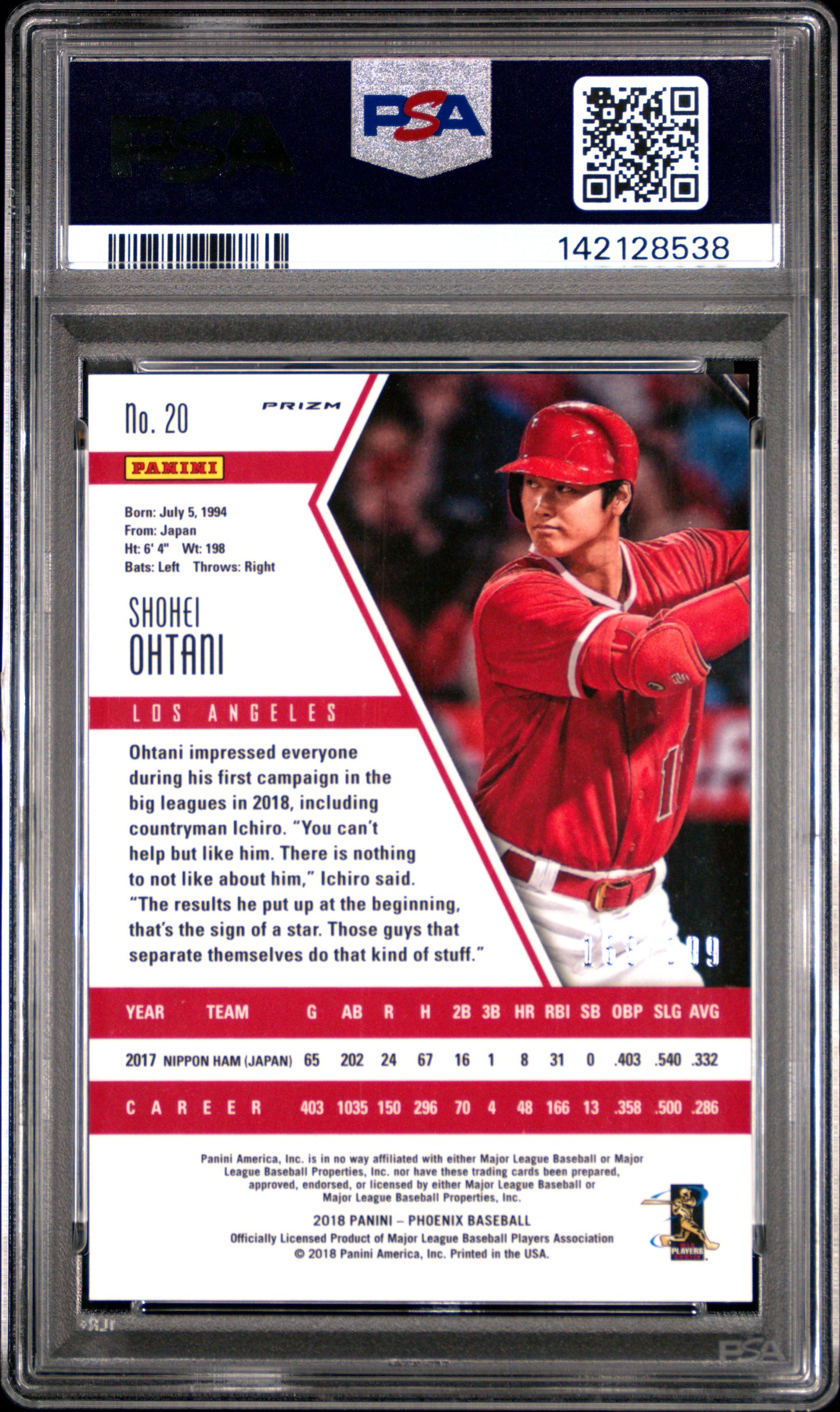Shohei Ohtani 2018 Panini Phoenix Orange Rookie #163/199 PSA 10 Gem Mint