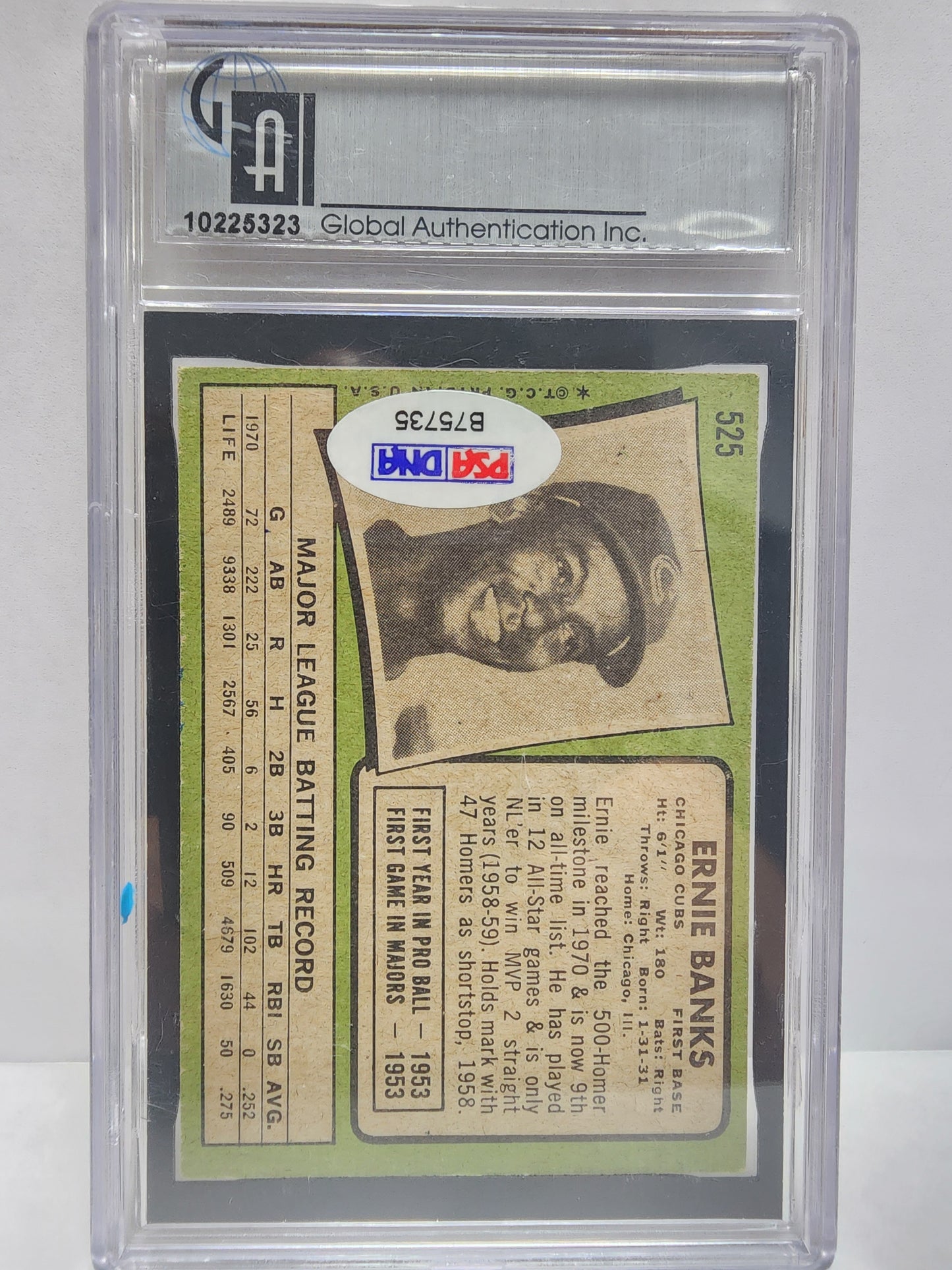 Ernie Banks 1971 Topps #525 GAI + PSA Certified Auto
