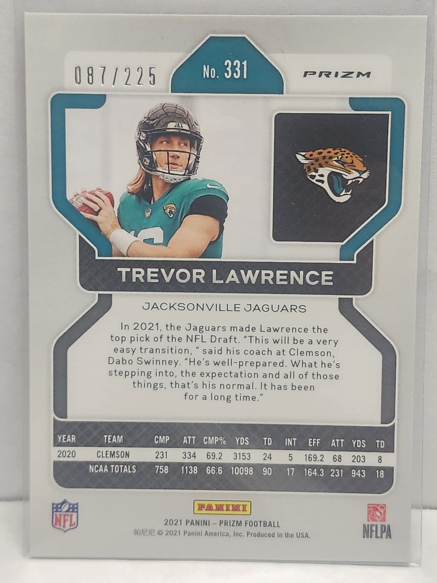 Trevor Lawrence 2021 Panini Prizm Rookie #331 Purple Ice #87/225