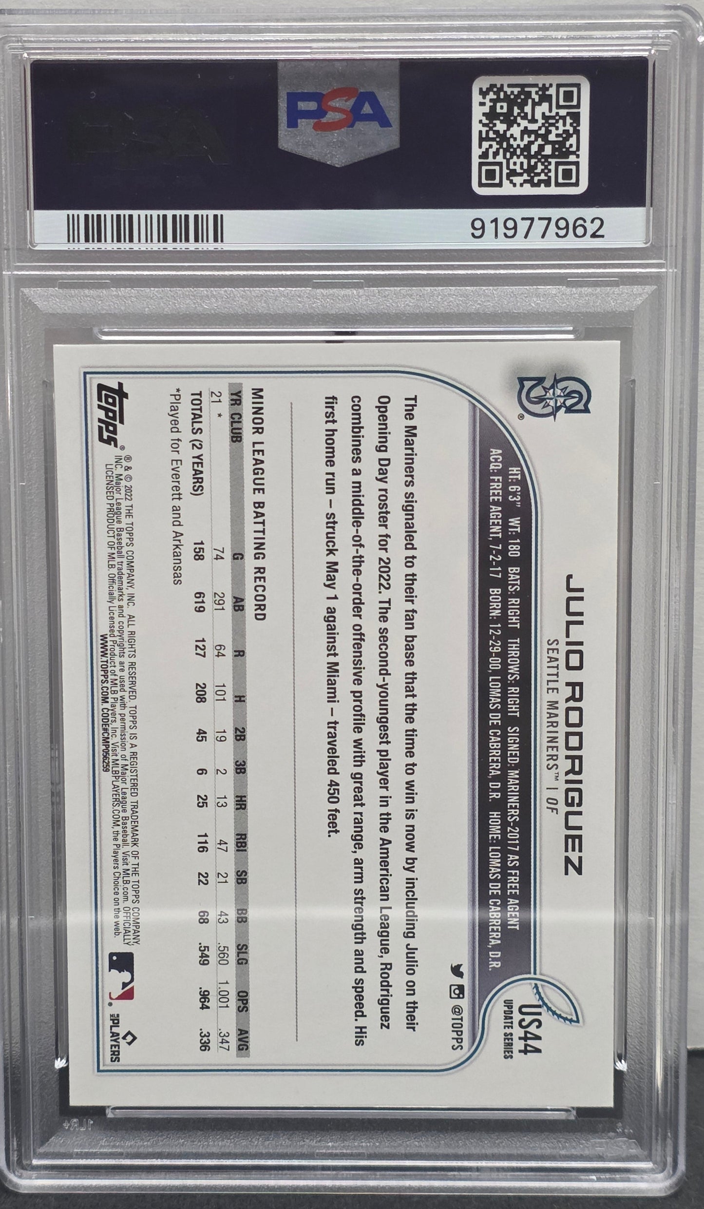 Julio Rodriguez 2022 Topps Update #US44 SP PSA 10 Gem Mint