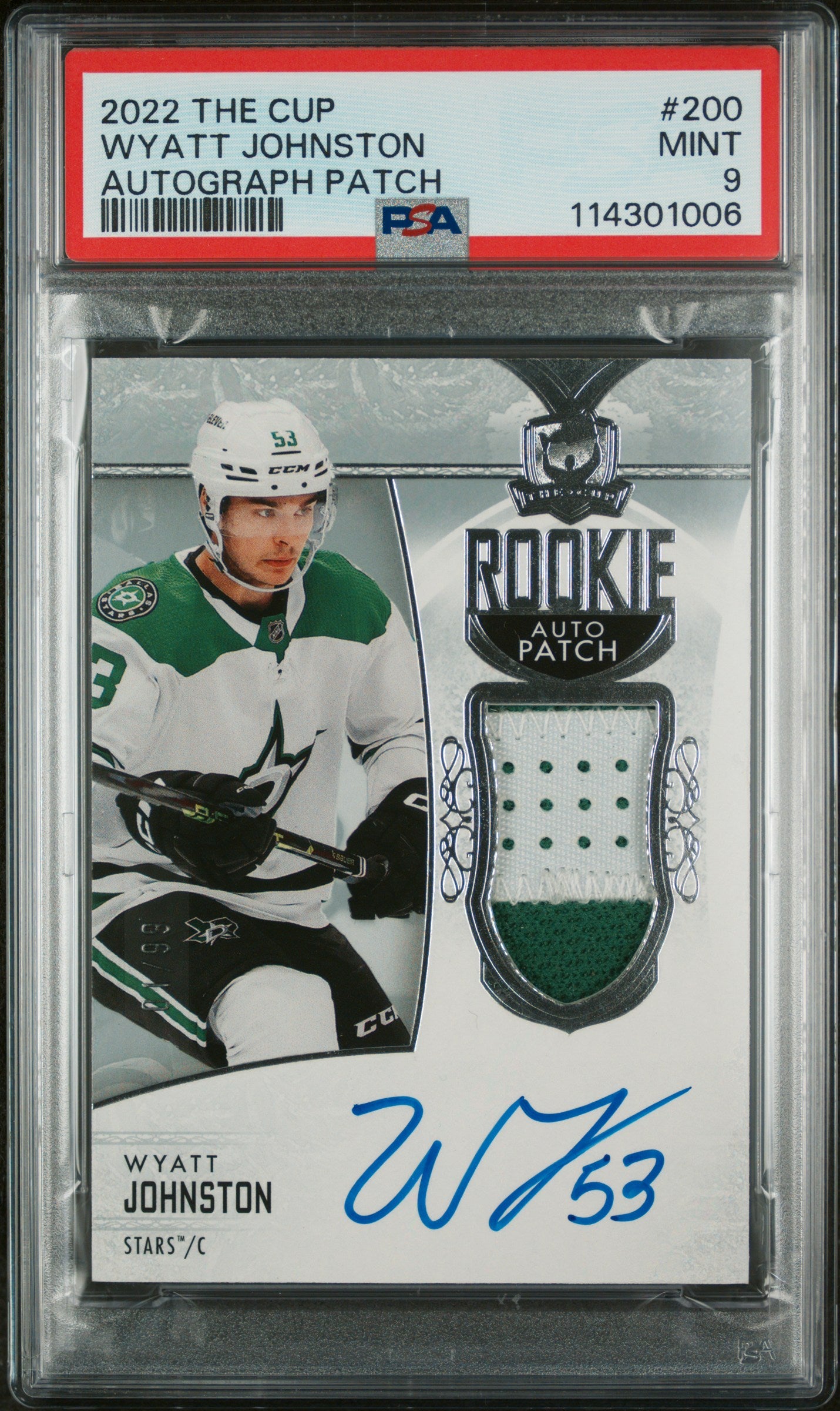 Wyatt Johnston 2022 Upper Deck The Cup Rookie Patch Auto #1/99 PSA 9 Mint