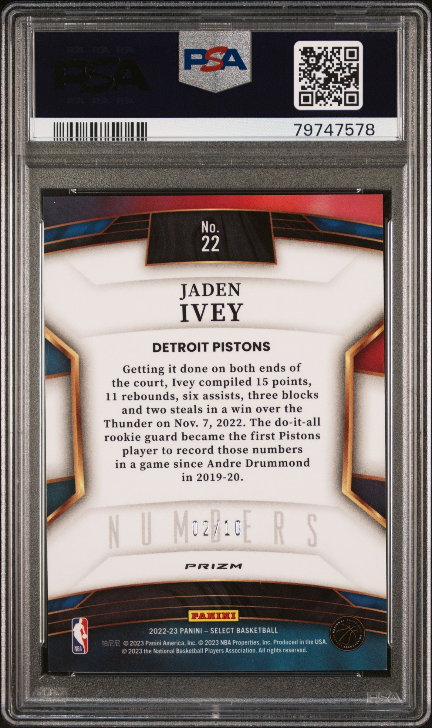 Jaden Ivey 2022 Panini Select Numbers Gold Prizm #2/10 PSA 9 Mint