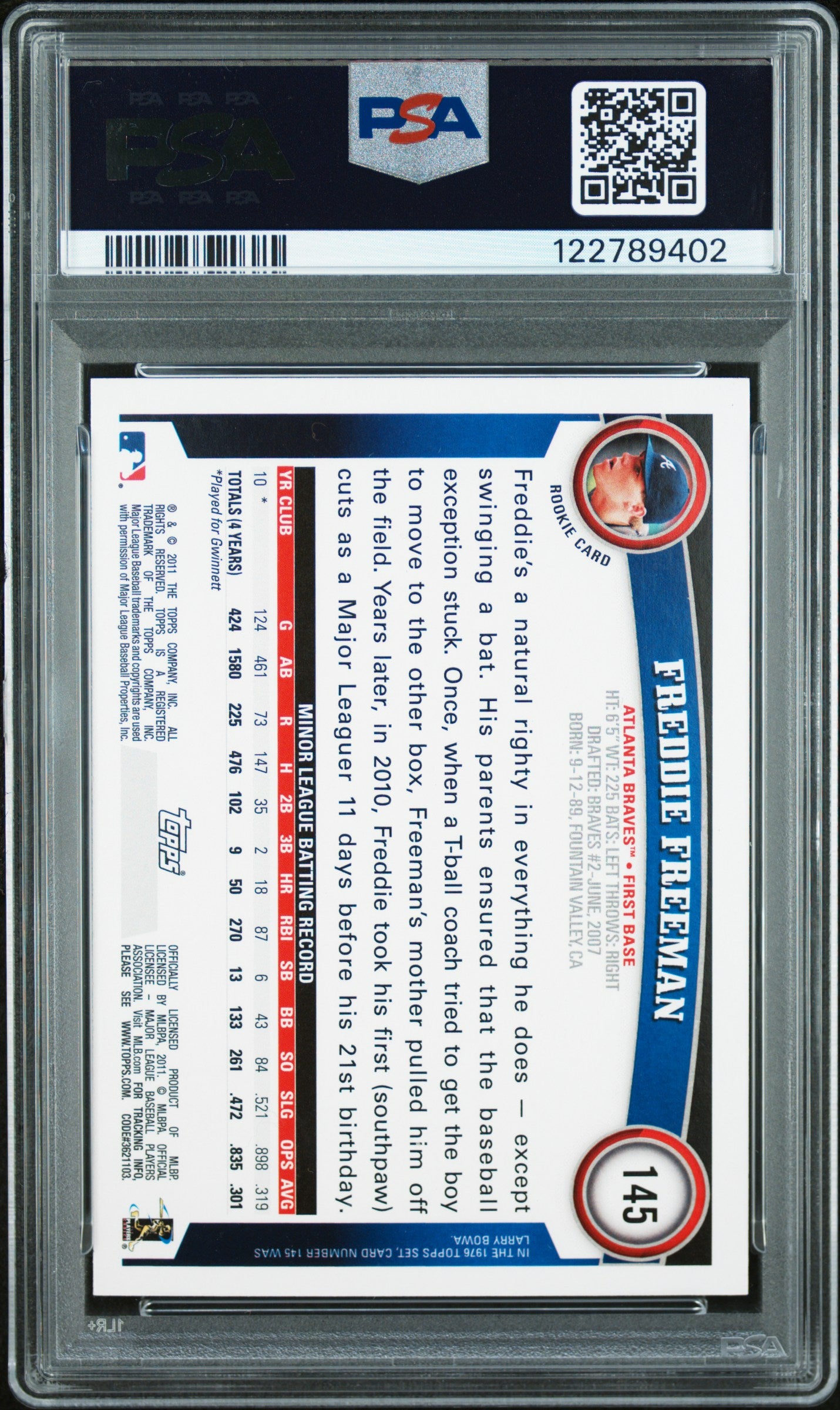 Freddie Freeman 2011 Topps Rookie #145 Diamond Anniversary PSA 10 Gem Mint 9402