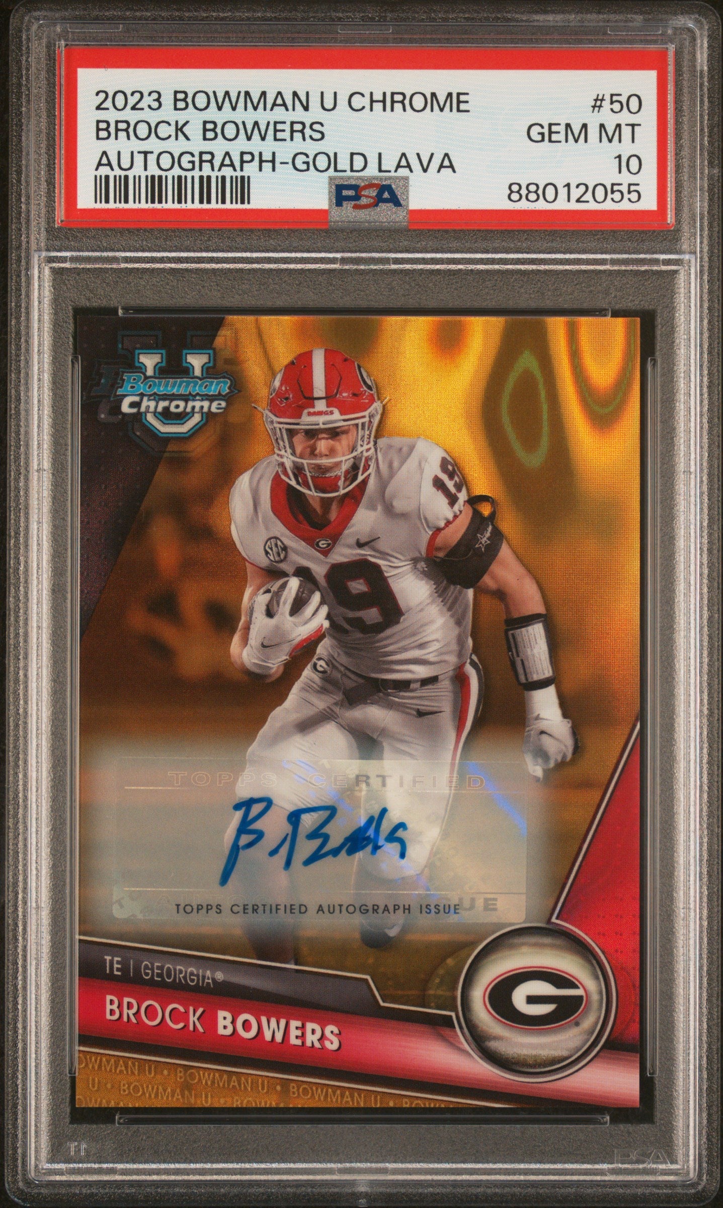 Brock Bowers 2023 Bowman Chrome U Gold Lava Auto #50/50 PSA 10 Gem Mint
