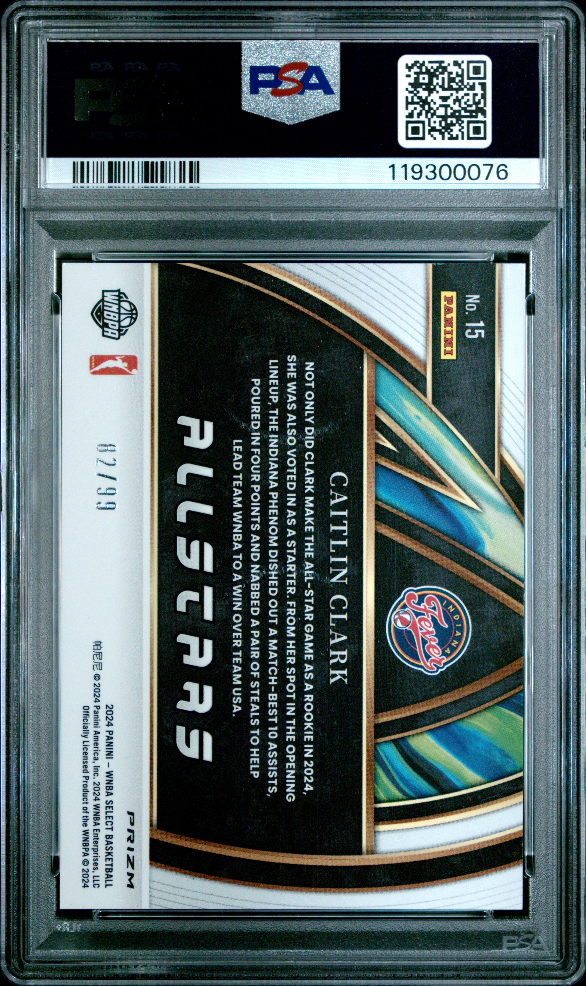 Caitlin Clark 2024 Select WNBA All-Stars Blue Flash #82/99 PSA 8 Nm-Mint
