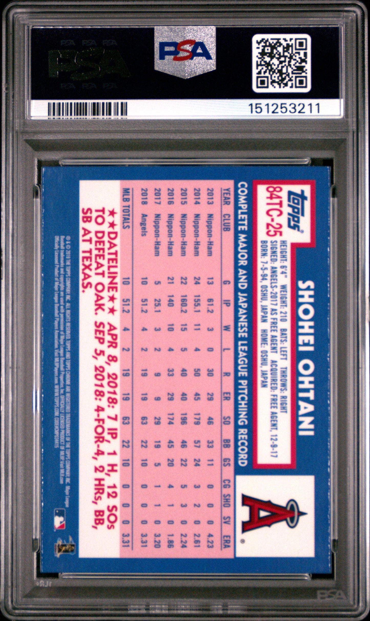 Shohei Ohtani 2019 Topps Chrome 1984 Topps PSA 10 Gem Mint 3211
