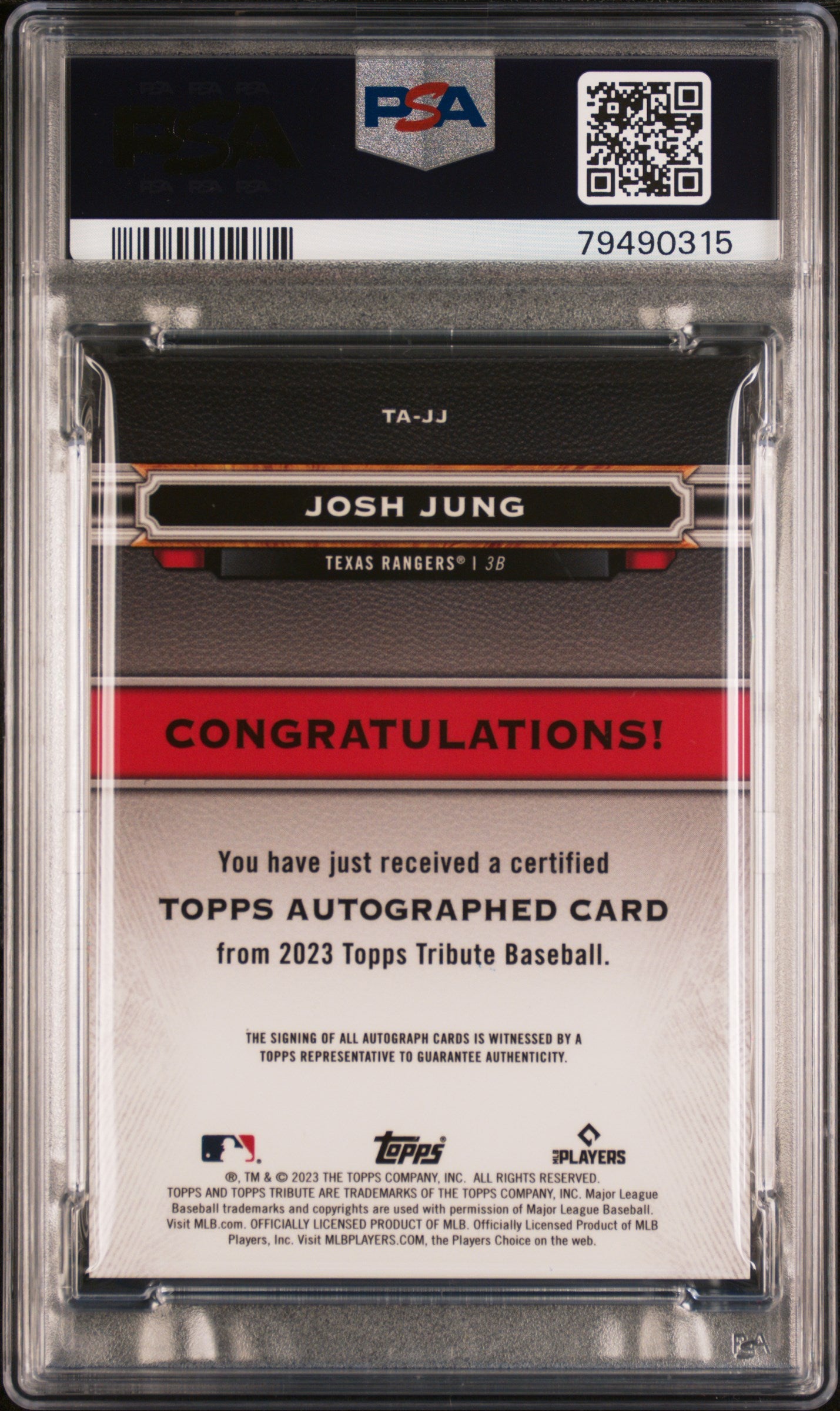 Josh Jung 2023 TOpps Tribute Green Autograph #47/99 PSA 10 Auto 10