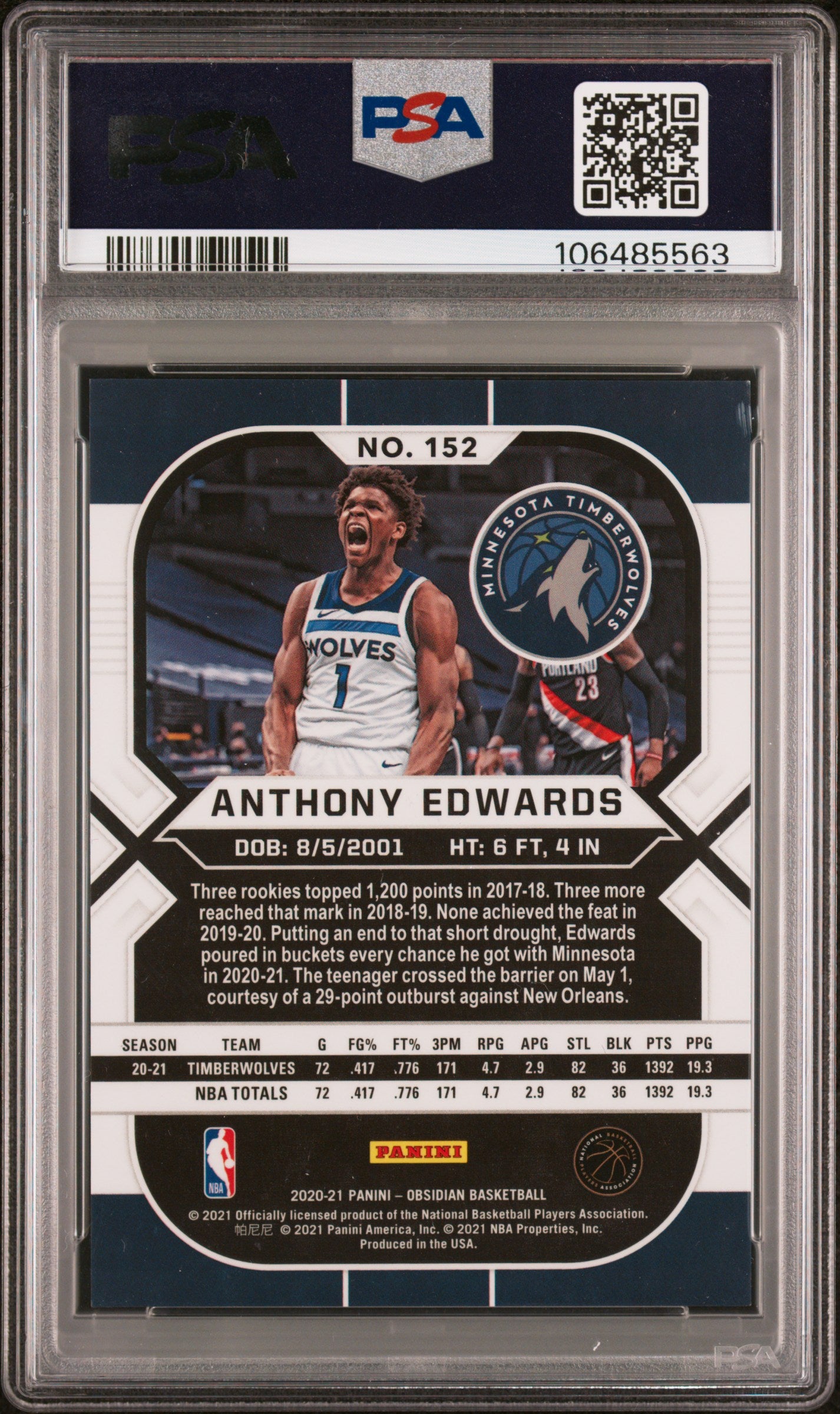 Anthony Edwards 2020 Panini Obsidian Electric Etch Asia Rookie #152 PSA 9 Mint