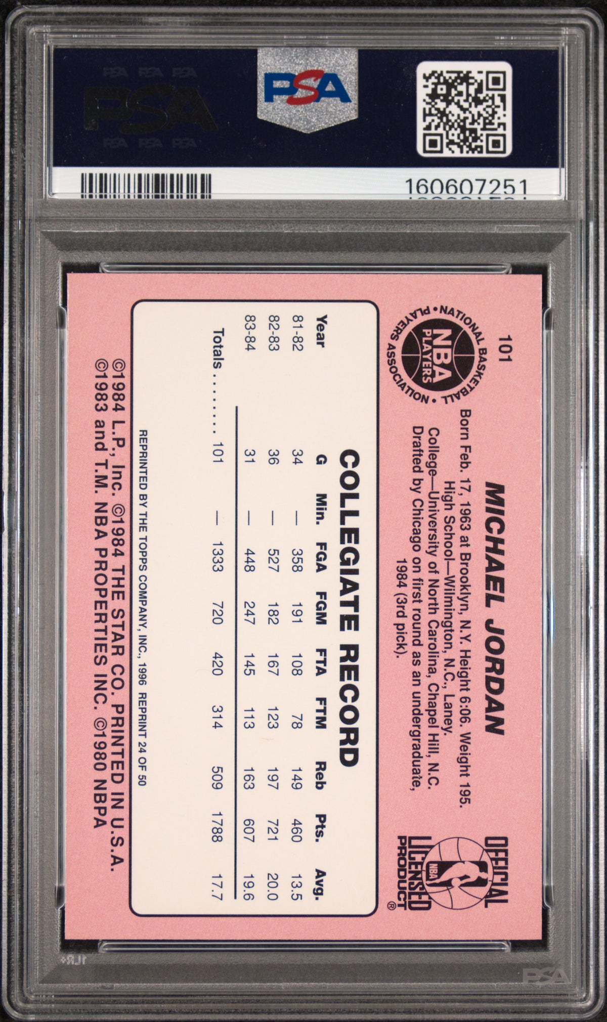 Michael Jordan 1996 Topps NBA Stars 1985 Reprint PSA 8 Nm-Mint