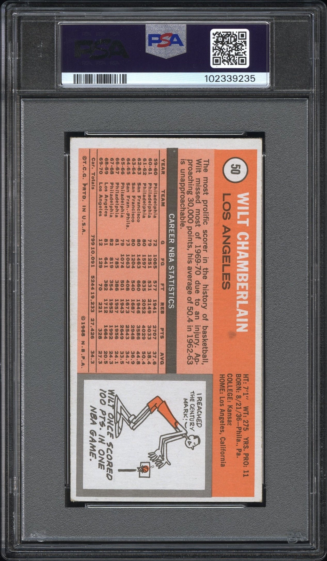 Wilt Chamberlain 1970 Topps #50 PSA 4 Vg-Ex
