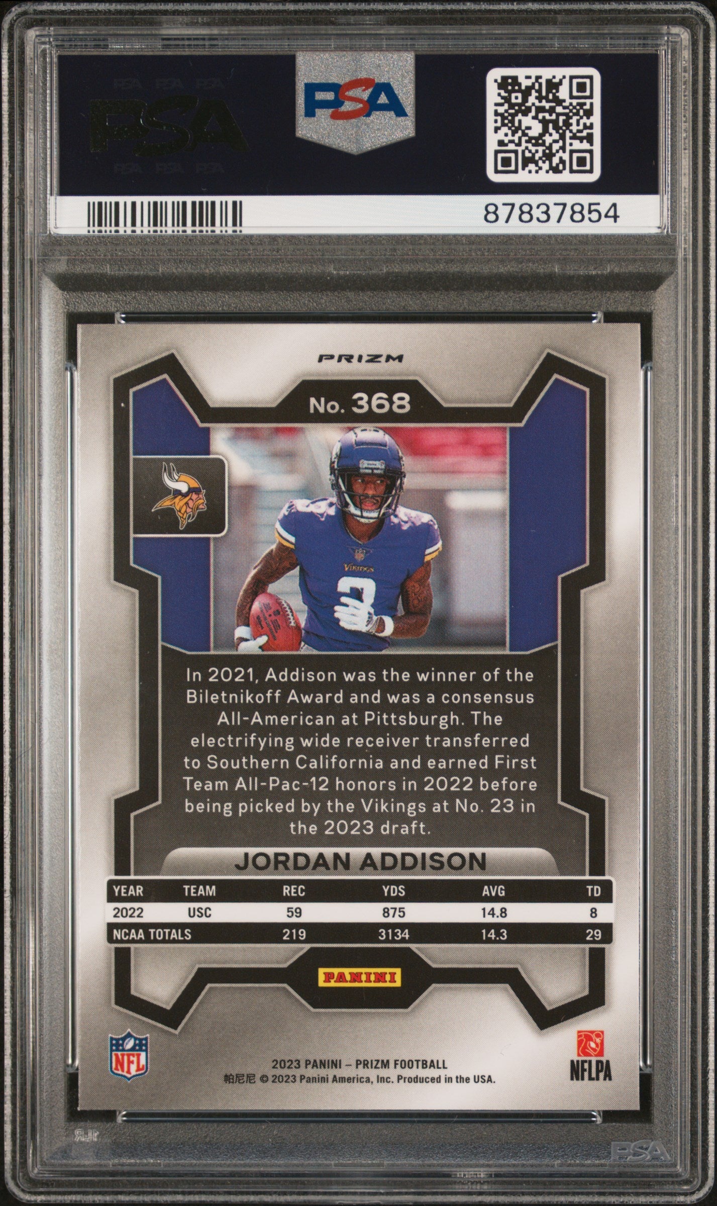 Jordan Addison 2023 Panini Prizm White Sparkle Rookie #368 PSA 10 Gem Mint 7854