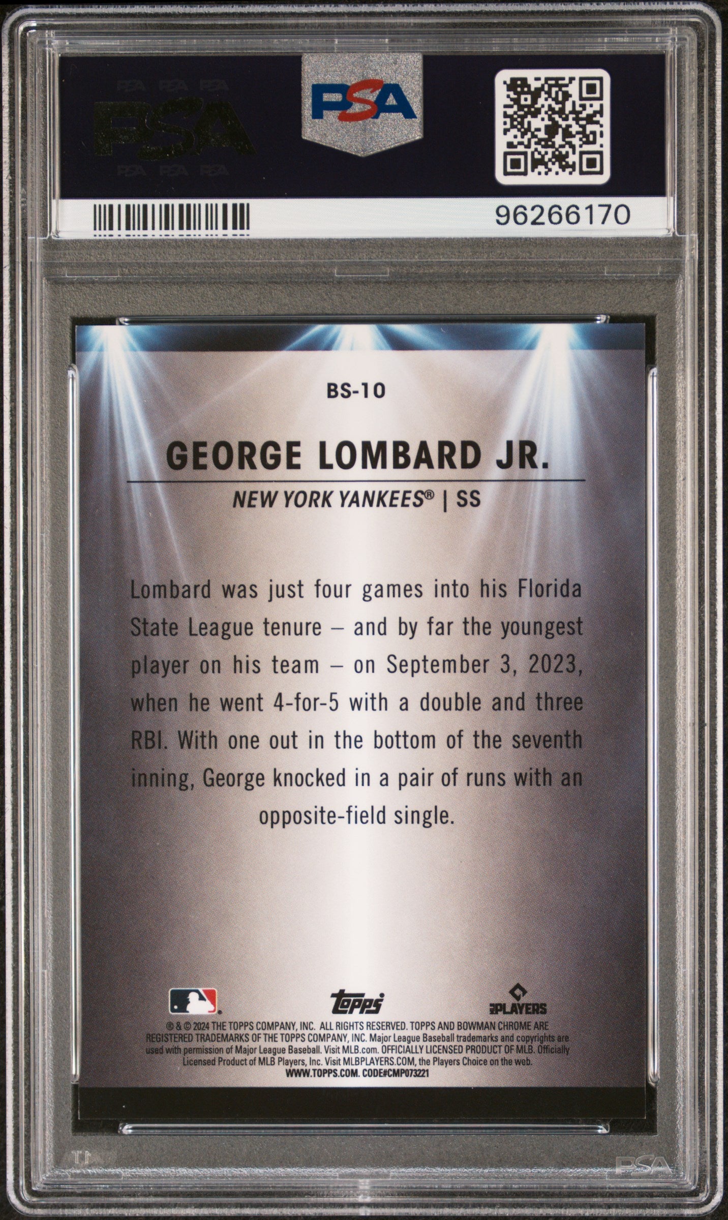 George Lombard Jr. 2024 Bowman Spotlights Orange Refractor #11/25 PSA 9 Mint