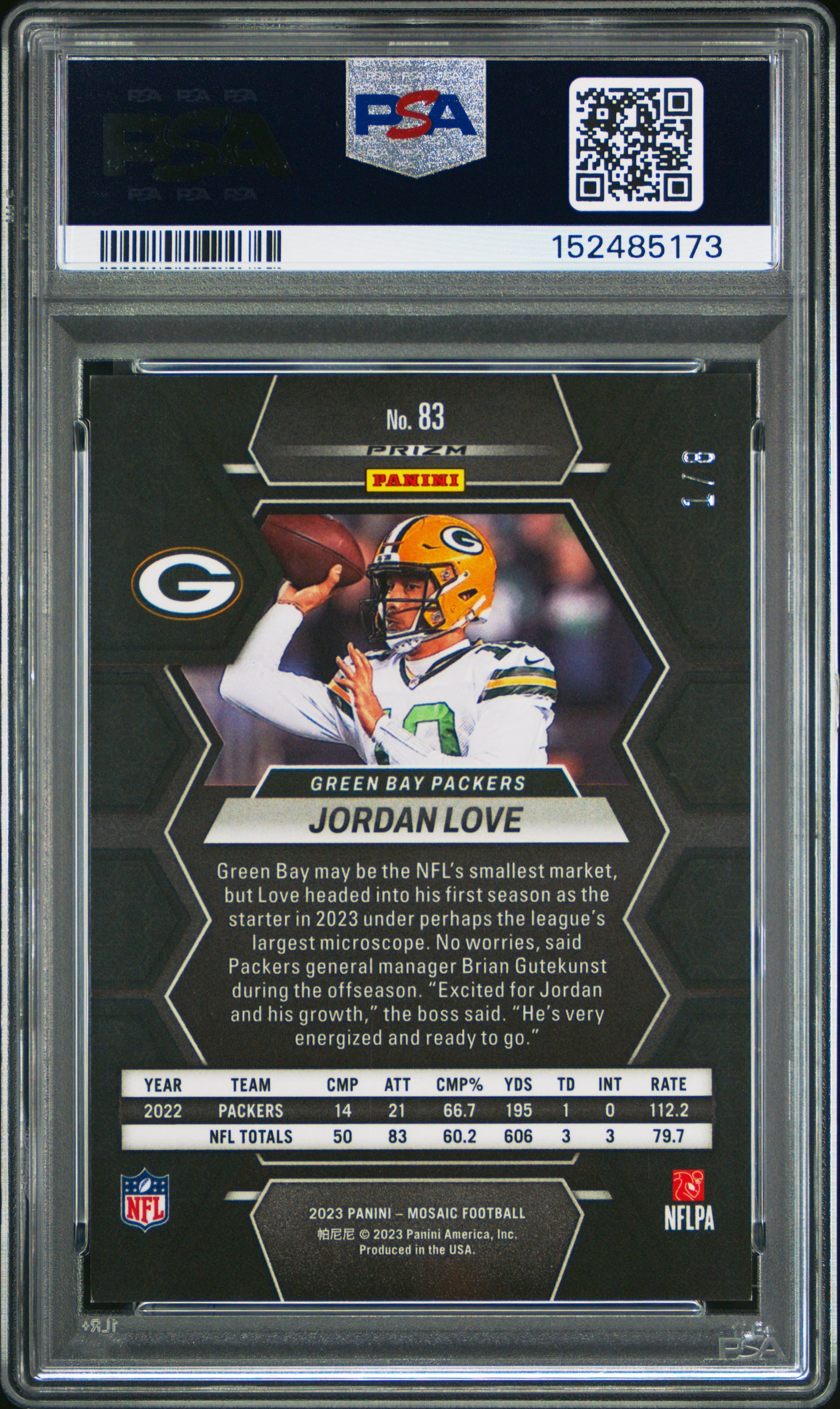 Jordan Love 2023 Panini Mosaic #83 Green Sparkle #1/8 PSA 8 Nm-Mint