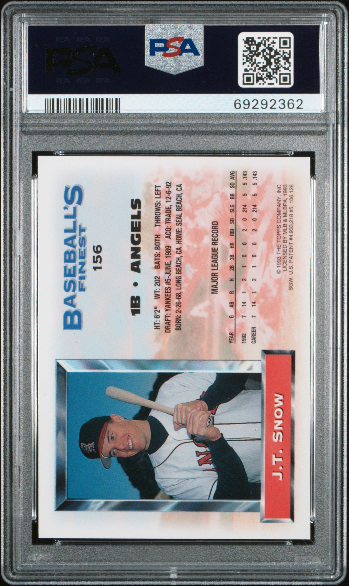 J.T. Snow 1993 Topps Finest Refractor #156 PSA 8 Nm-Mint