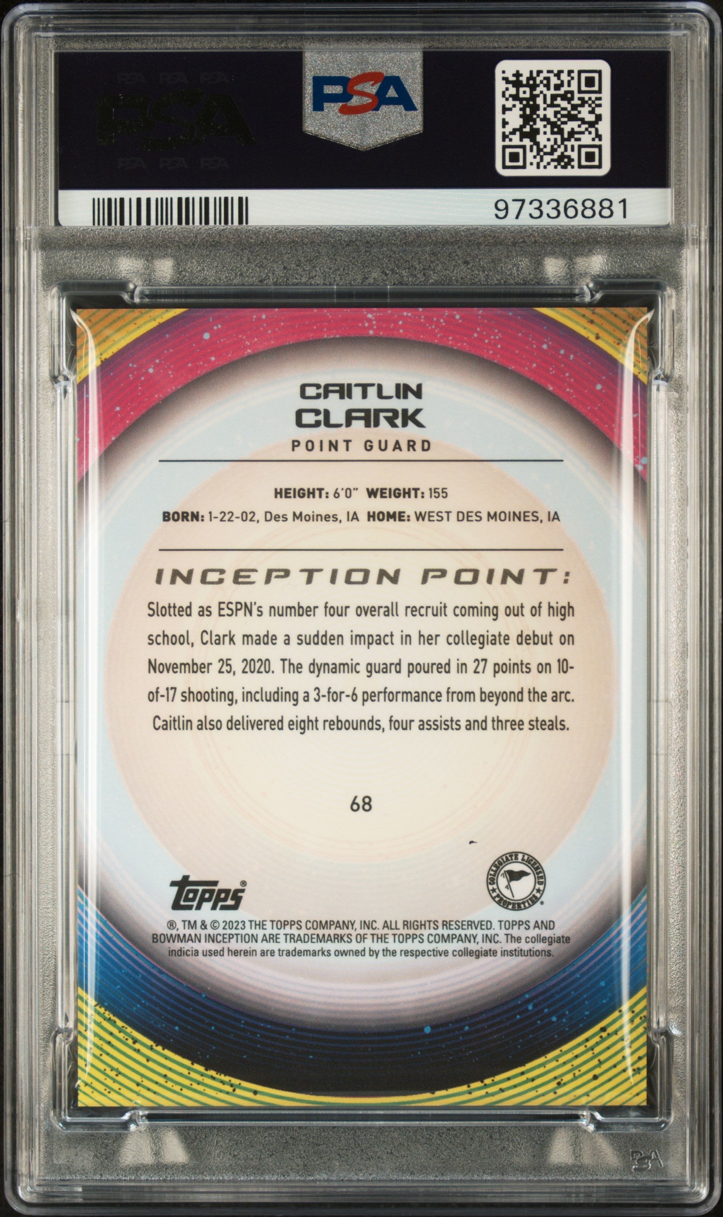 Caitlin Clark 2022 Bowman U Inception #68 PSA 10 Gem Mint