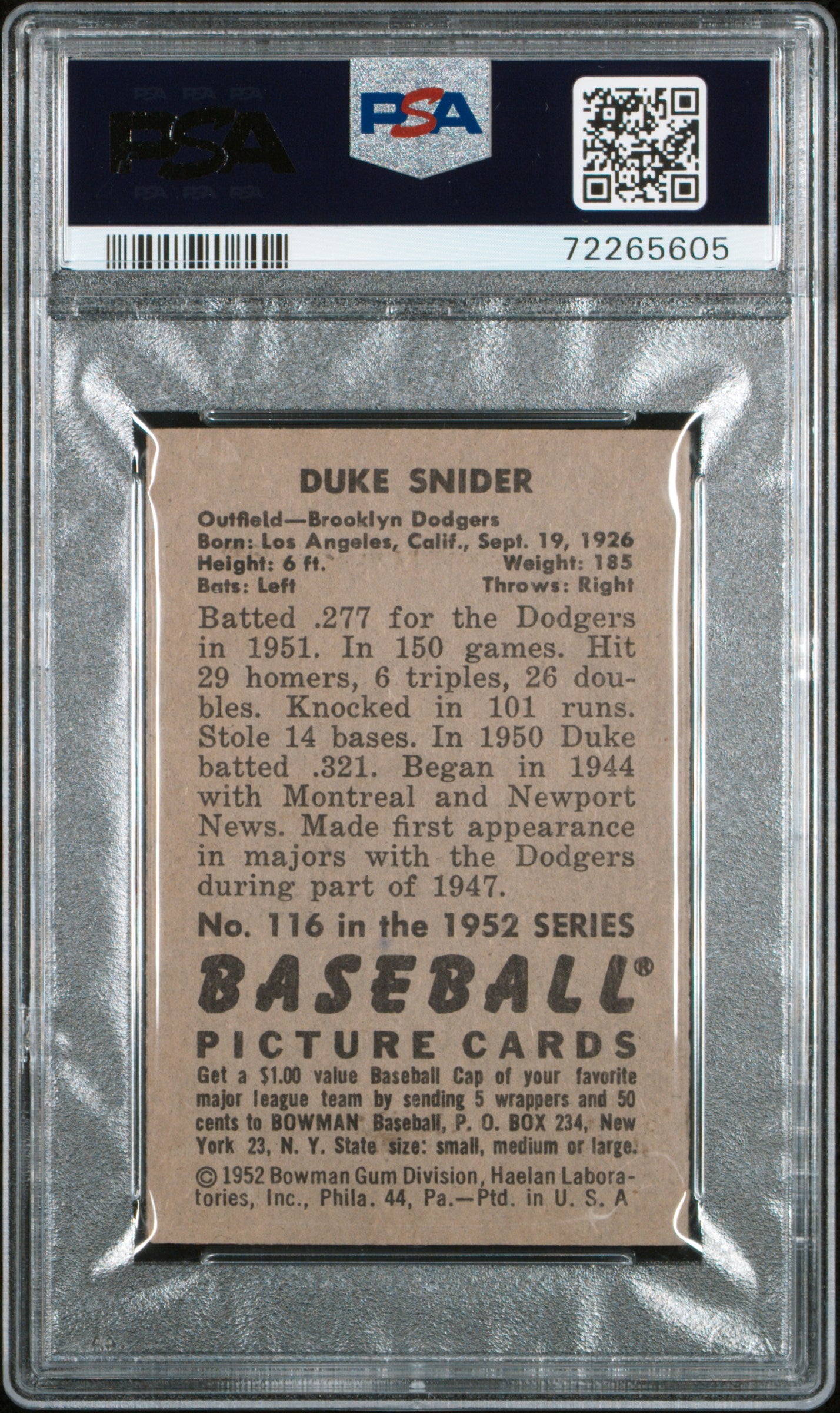 Duke Snider 1952 Bowman #116 PSA 5 EX