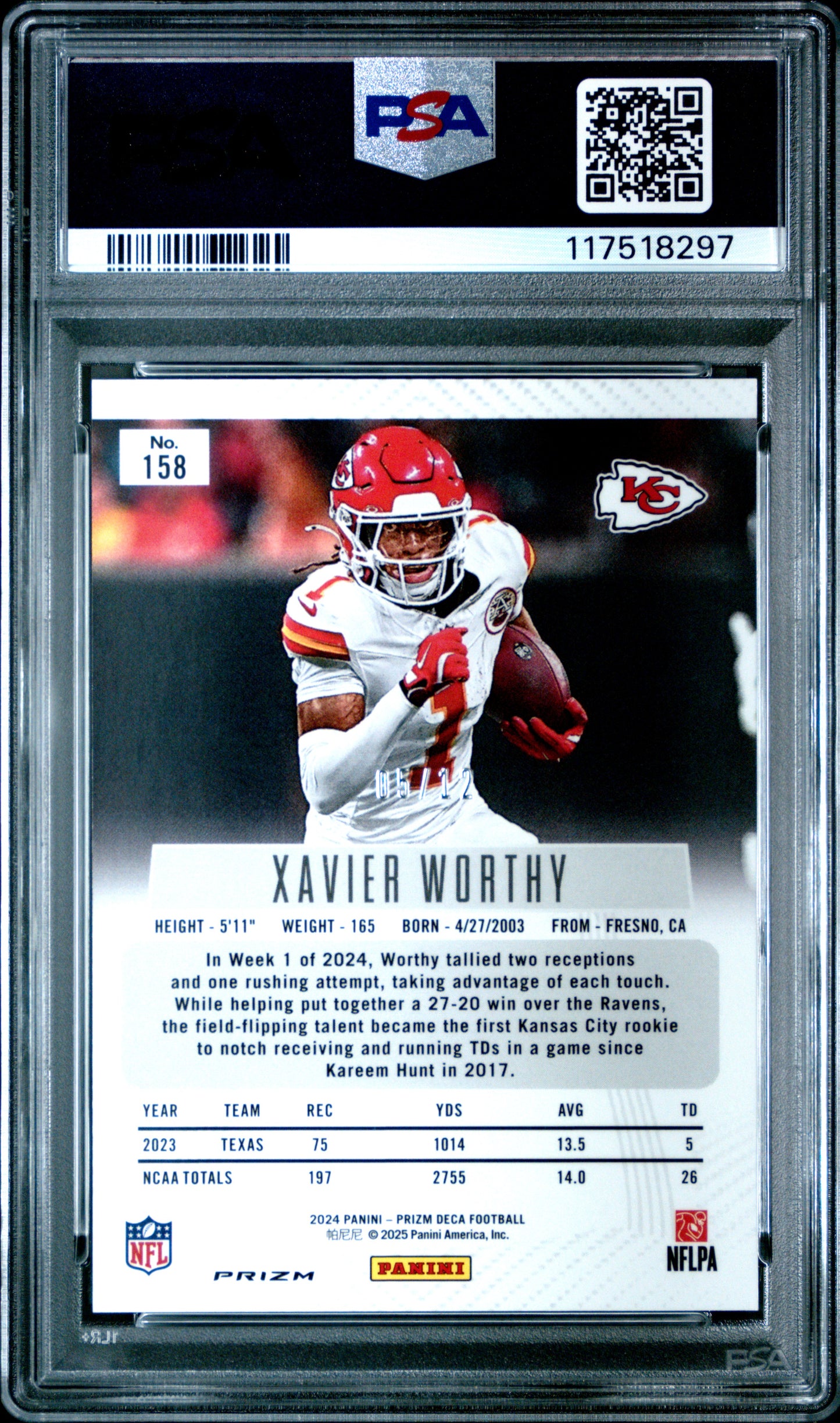 Xavier Worthy 2024 Panini Prizm Deca Rookie #158 Green Shimmer #5/12 PSA 9 Mint
