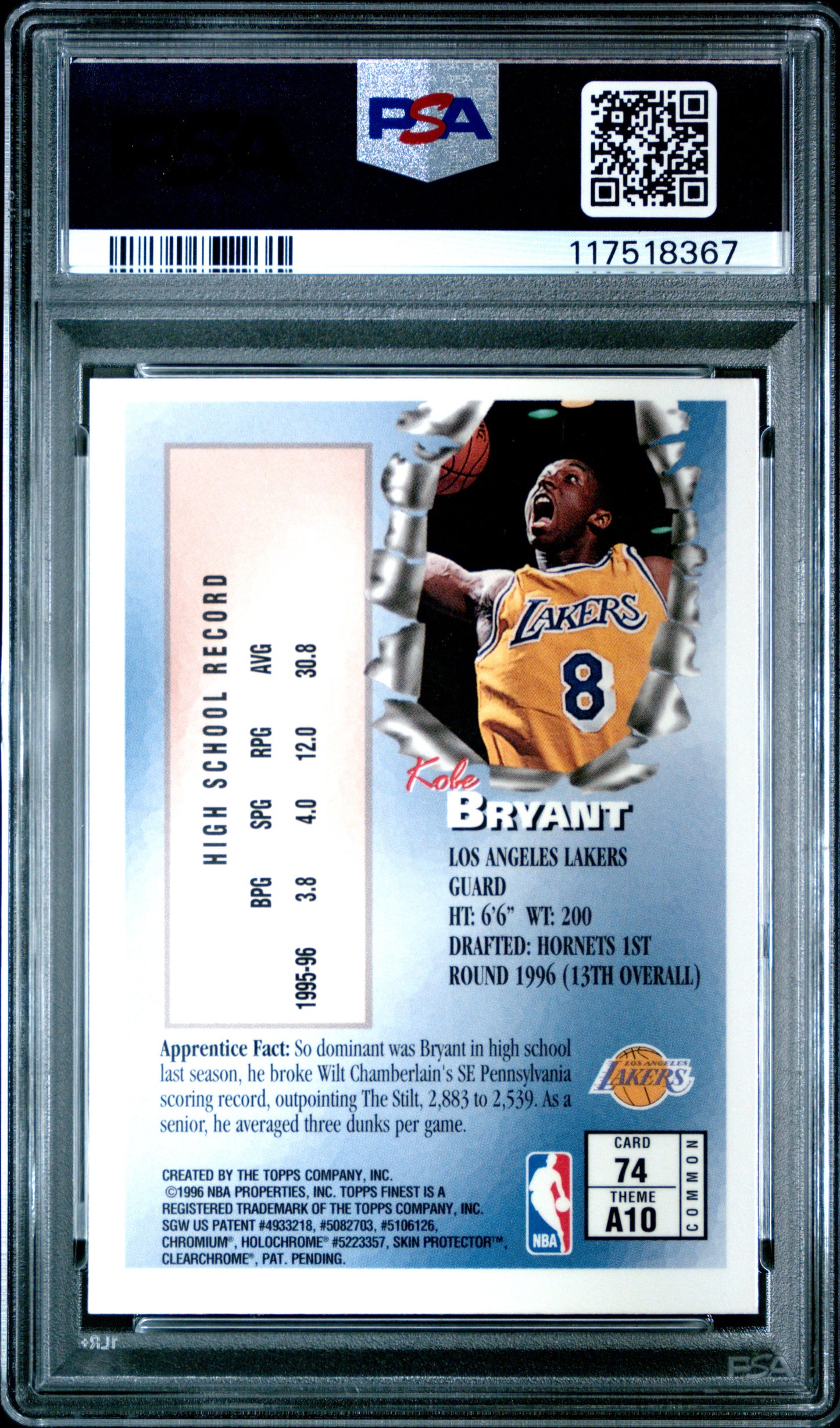 Kobe Bryant 1996 Topps Finest Rookie #74 with Coating PSA 8 Nm-Mint