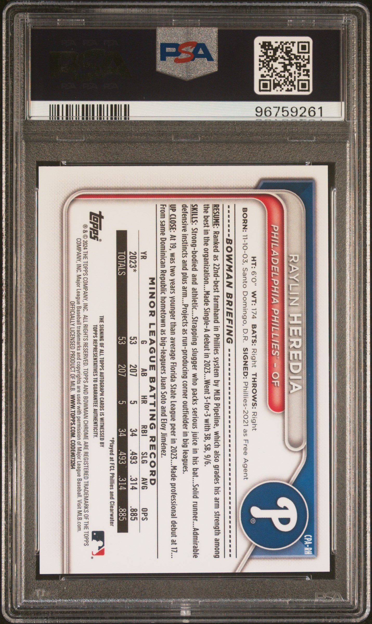 Raylin Heredia 2024 Bowman Chrome Red Refractor Auto #2/5 PSA 10 Auto 10