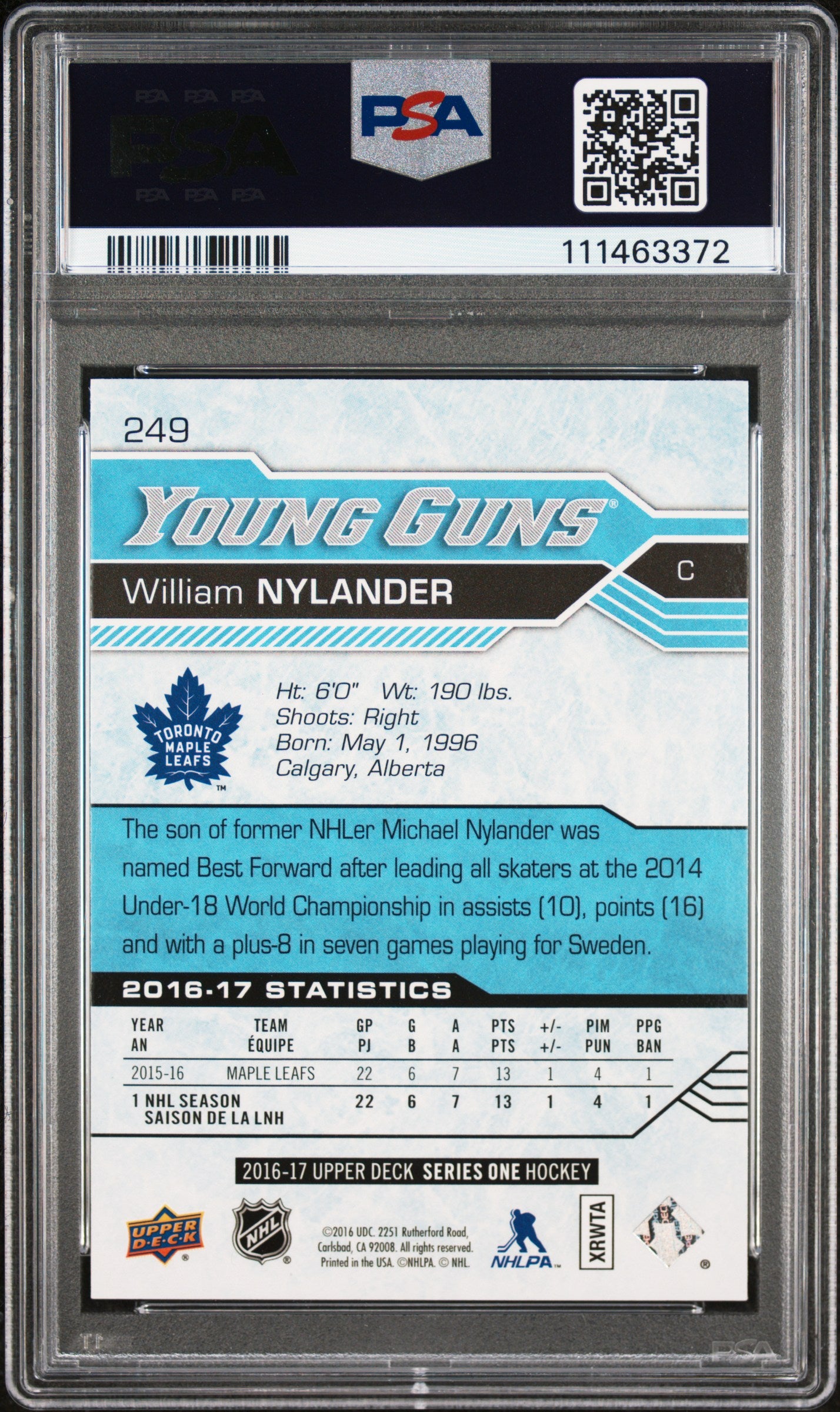 William Nylander 2016 Upper Deck Rookie #249 PSA 9 Mint