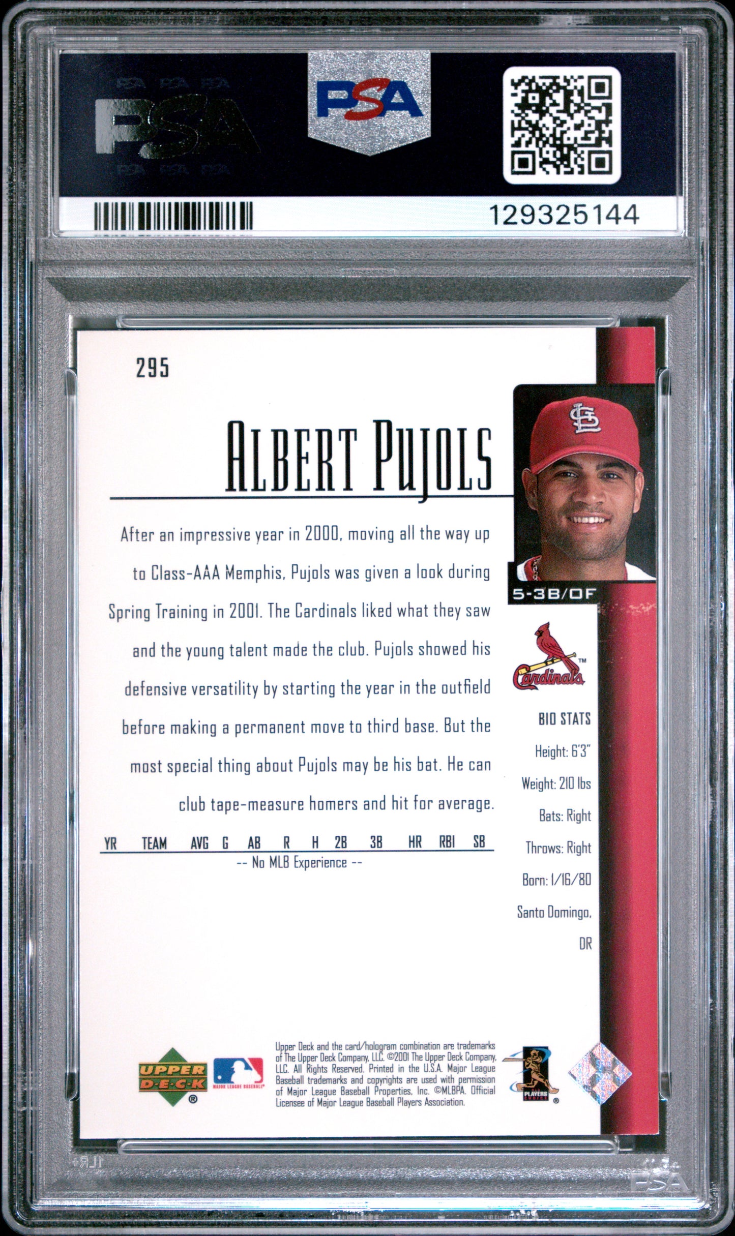 Albert Pujols 2001 Upper Deck Rookie #295 PSA 9 Mint 5144