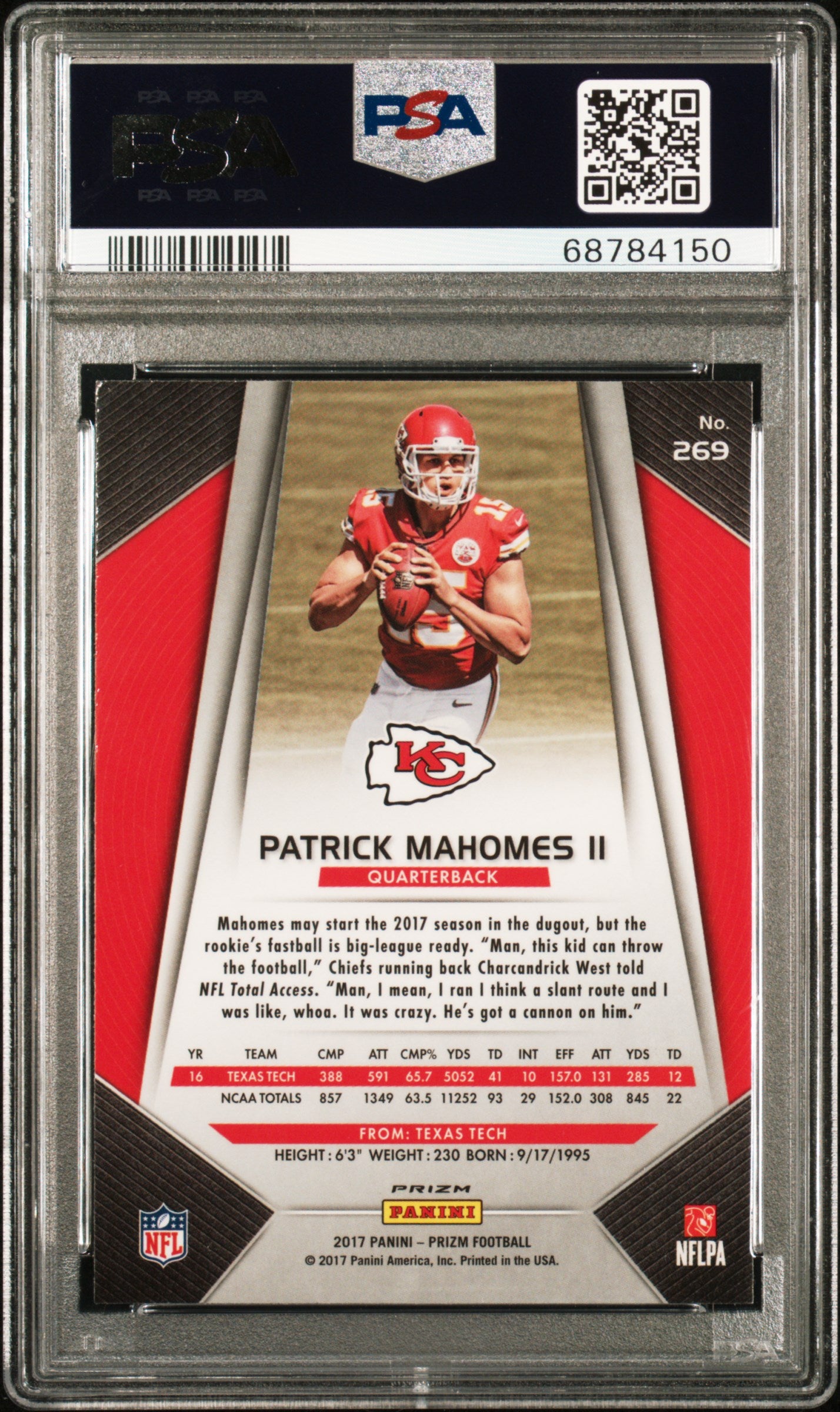 Patrick Mahomes 2017 Panini Prizm Rookie #269 PSA 9 Mint 4150
