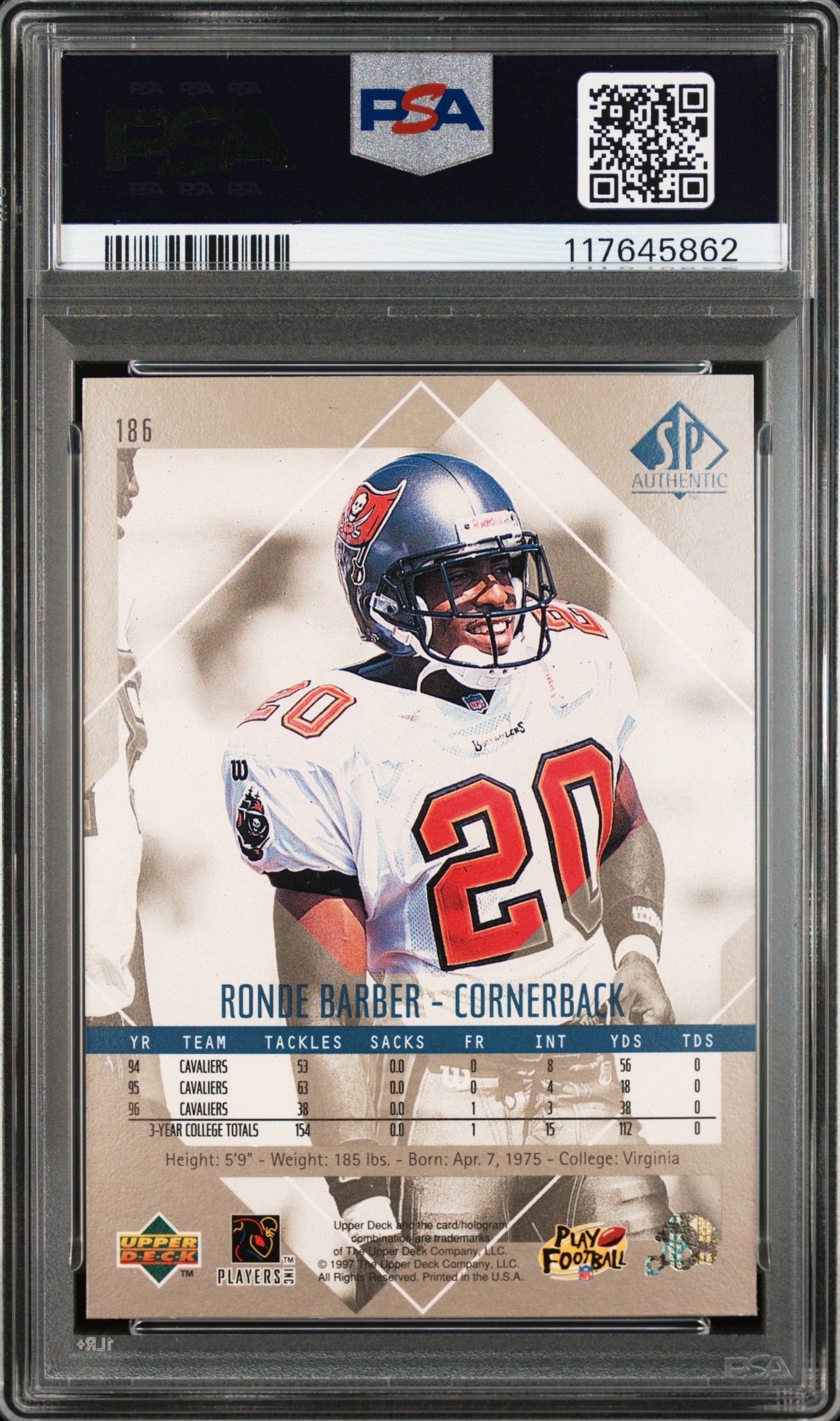 Ronde Barber 1997 Upper Deck SP Authentic Rookie #186 PSA 9 Mint