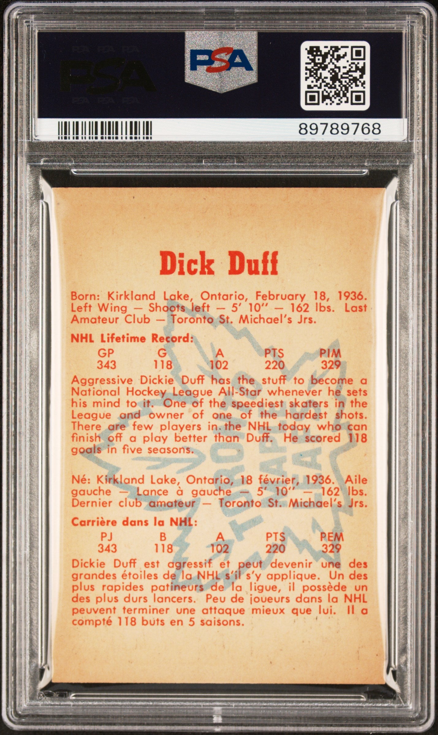 Dick Duff 1960 Parkhurst #12 PSA 8 Nm-Mint