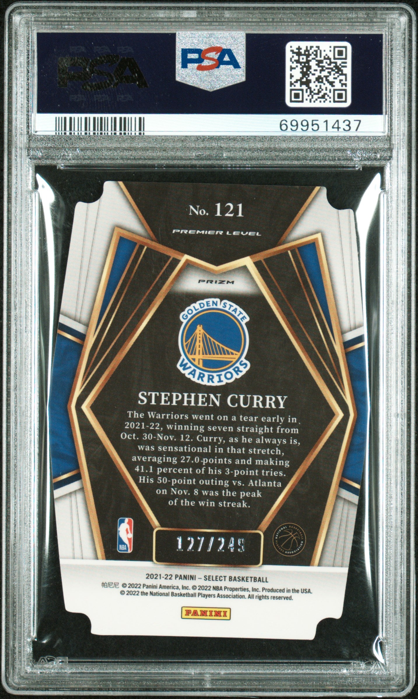 Stephen Curry 2021 Panini Select Blue Die-Cut Prizm #127/249 PSA 10 Gem Mint