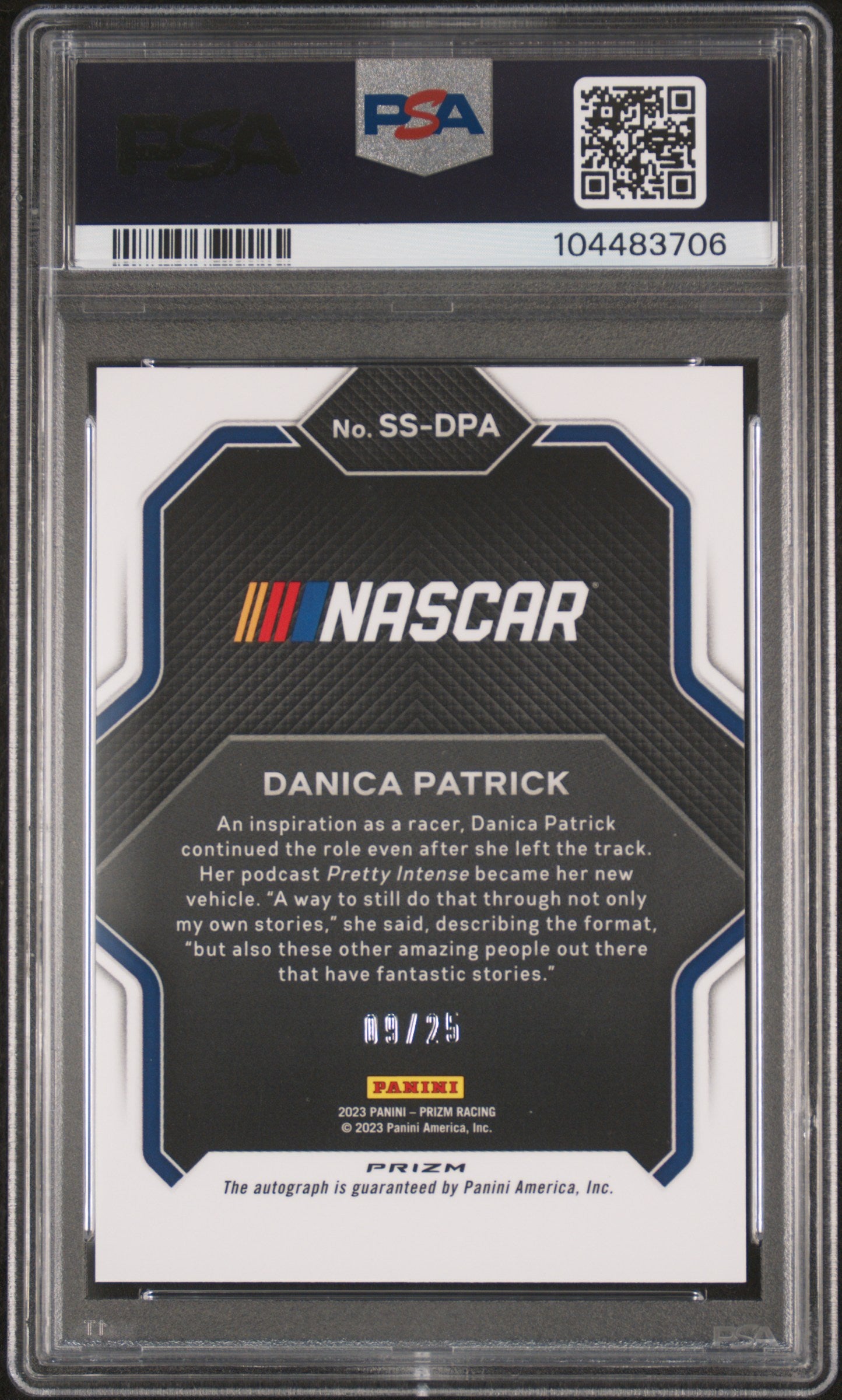 Danica Patrick 2023 Panini Prizm Purple/Yellow Hyper Auto #9/25 PSA 10 Auto 10