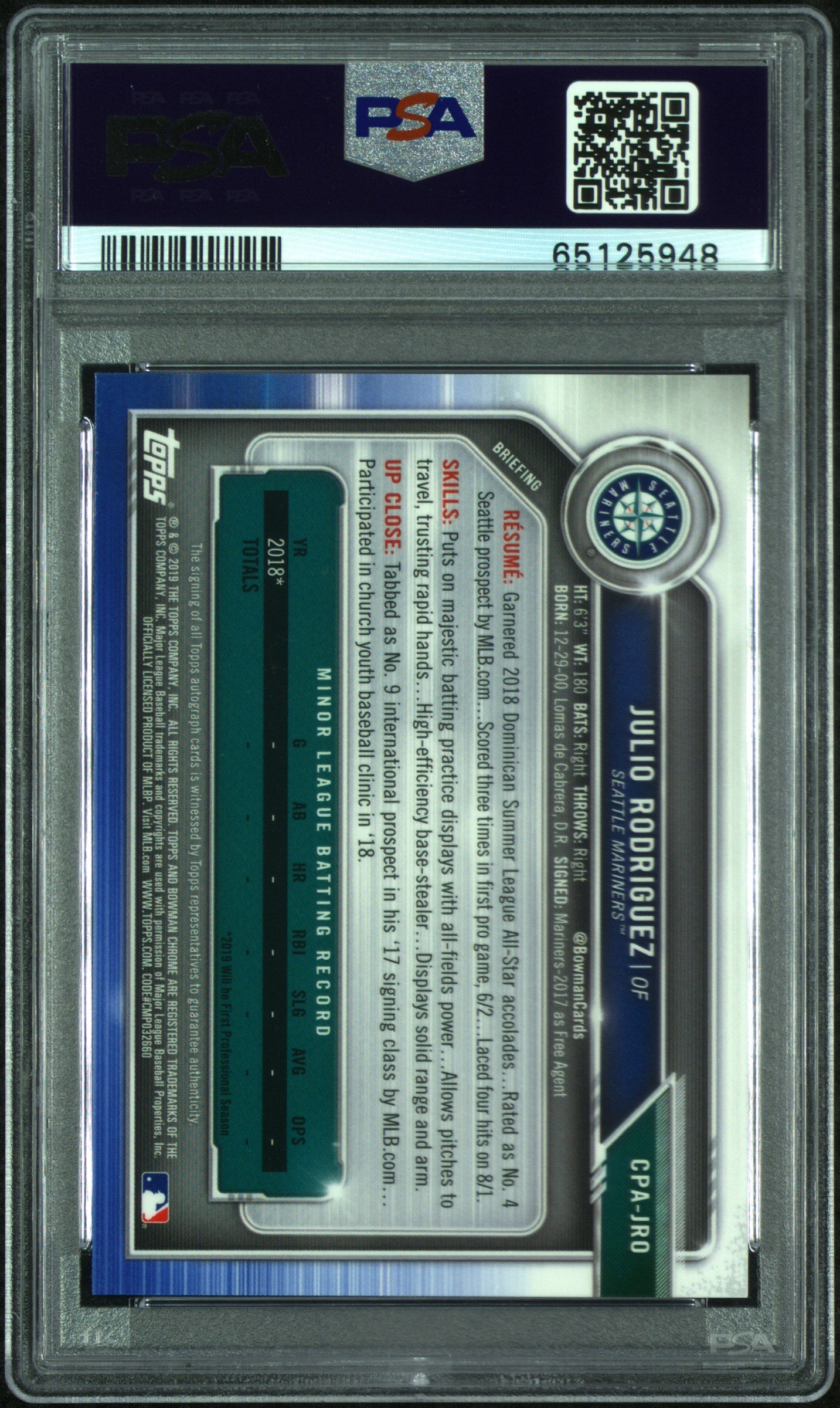 Julio Rodriguez 2019 Bowman Chrome Speckle Auto #294/299 PSA 10 Gem Mint