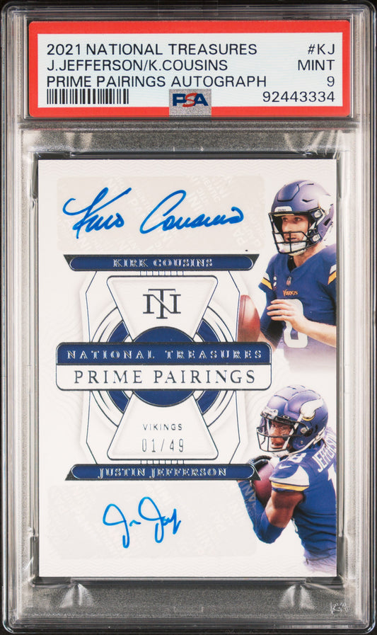 Justin Jefferson + Kirk Cousins 2021 Panini National Treasures Prime Pairing Dual Auto #1/49 PSA 9 Mint